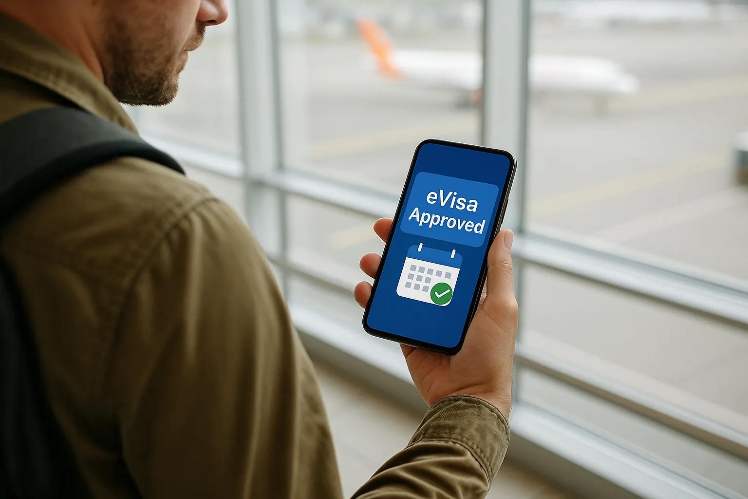 Illustration: a traveler receives a push notification on a smartphone showing “eVisa Approved,” with a calendar icon ticking down fewer days.