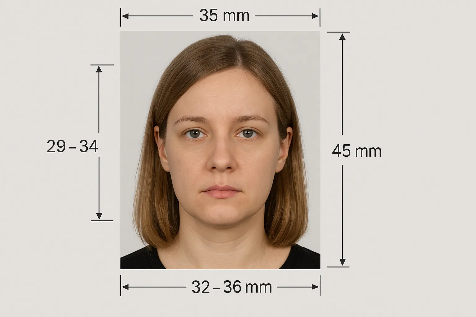 Illustration of a compliant passport photo: neutral expression, plain light background, even lighting, correct dimensions marked in millimeters