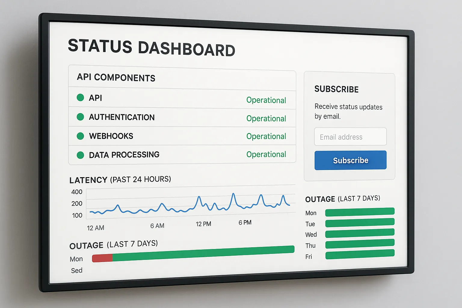 Illustration of a public status dashboard showing API components, real-time latency graphs, outage timeline and a “Subscribe” panel on the side.