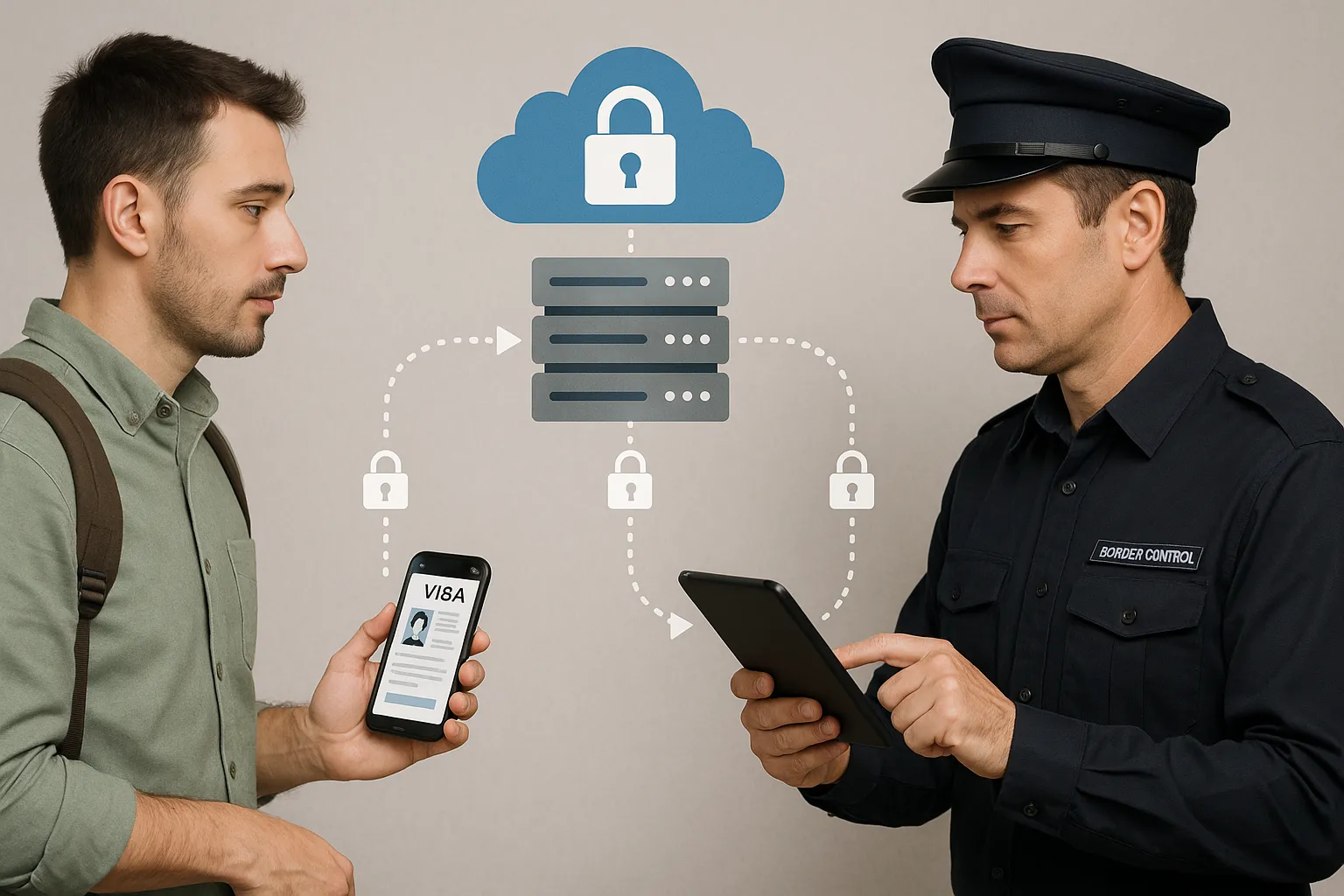 Illustration of a secure cloud server funneling encrypted visa data between a traveler’s smartphone and a border-control officer’s tablet, representing speed and security in e-Visa processing.