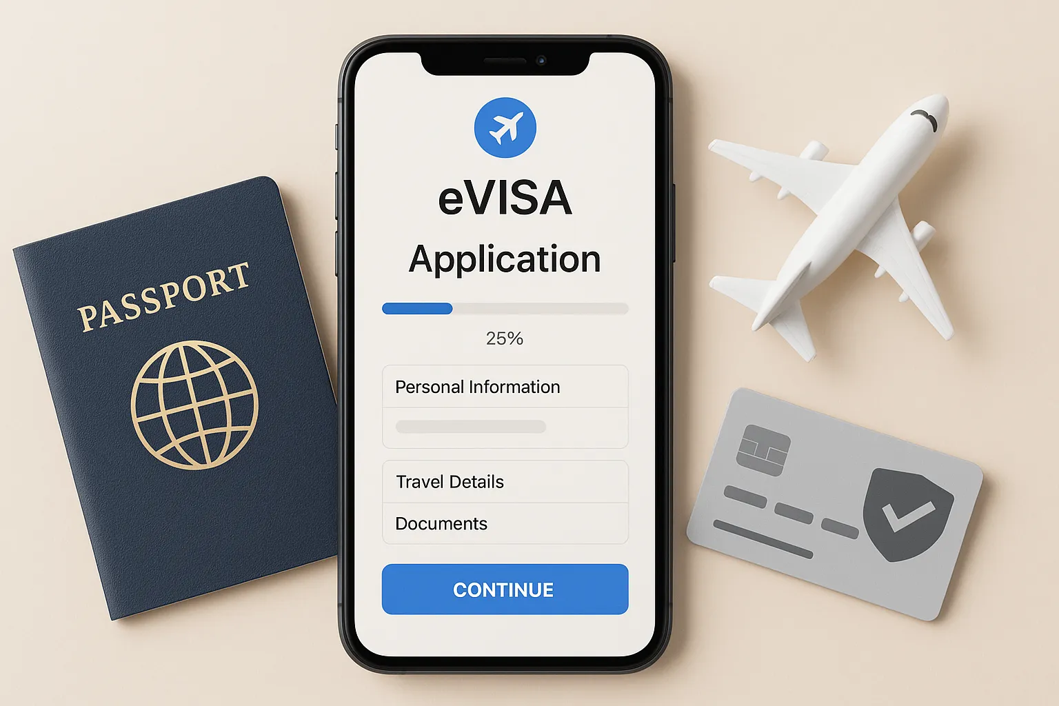 Illustration of a smartphone displaying a branded eVisa application screen with a clear progress bar, surrounded by travel icons like a passport, airplane and credit-card shield, highlighting a sleek mobile-first design.