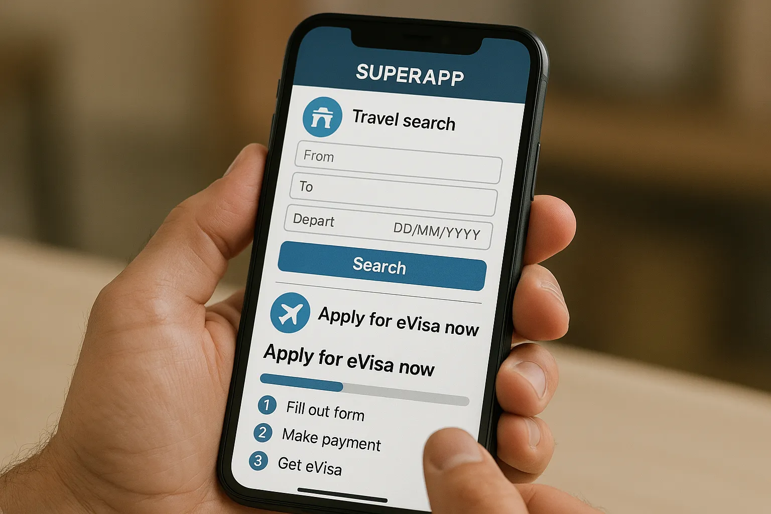 Illustration of a superapp interface featuring travel search, flight booking, and an integrated “Apply for eVisa now” button with a progress bar showing 3 simple steps.