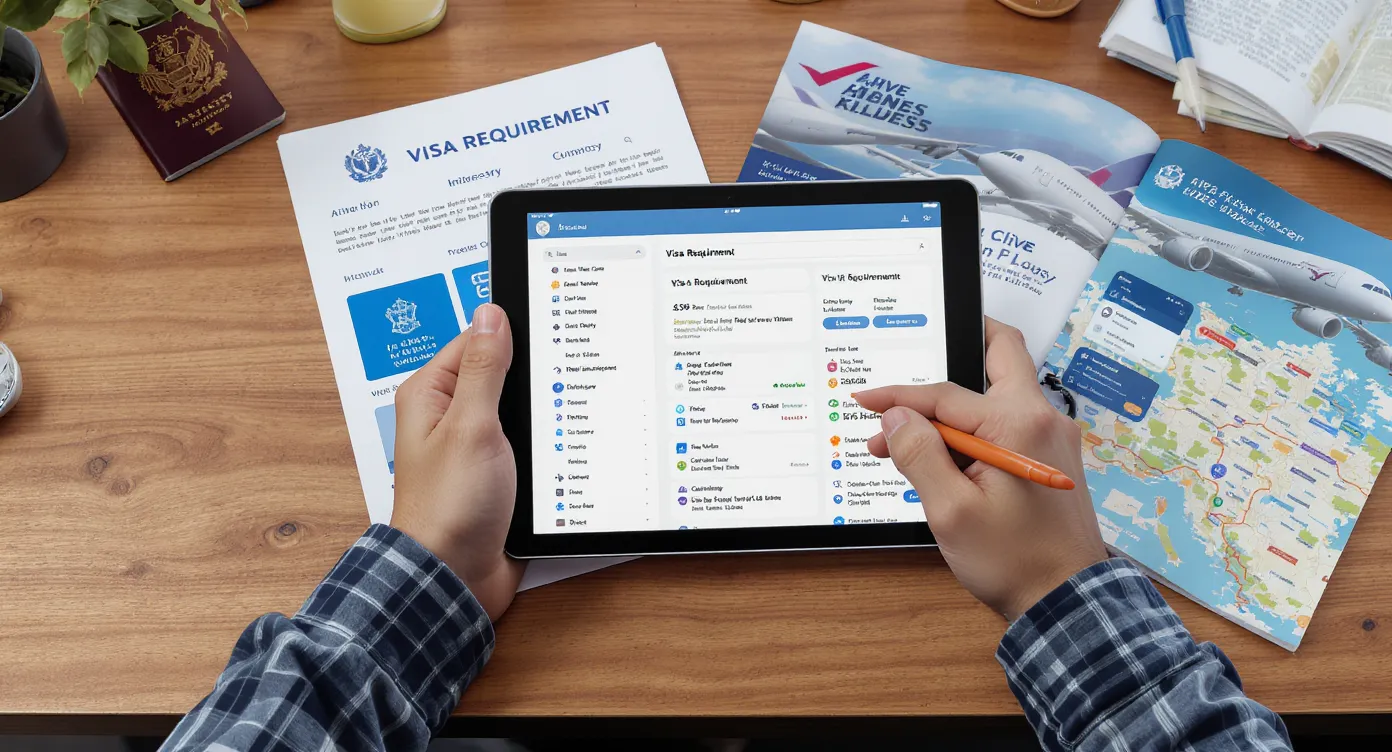 Illustration of a traveler comparing visa requirement sources on a tablet, embassy brochure and airline app, surrounded by passport and travel itinerary on a wooden desk.
