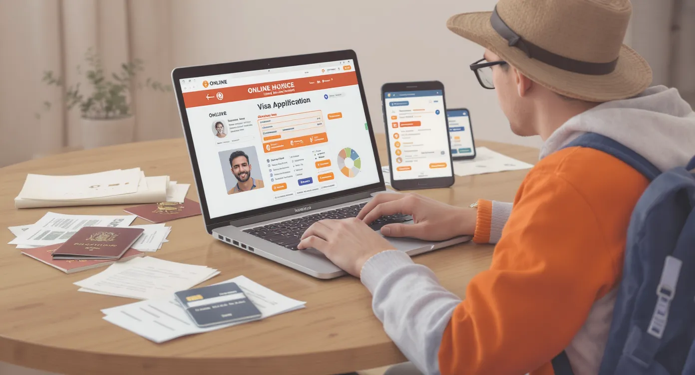 Illustration of a traveler sitting at a laptop surrounded by digital documents, passport, and a credit card, representing the online visa application process from home.