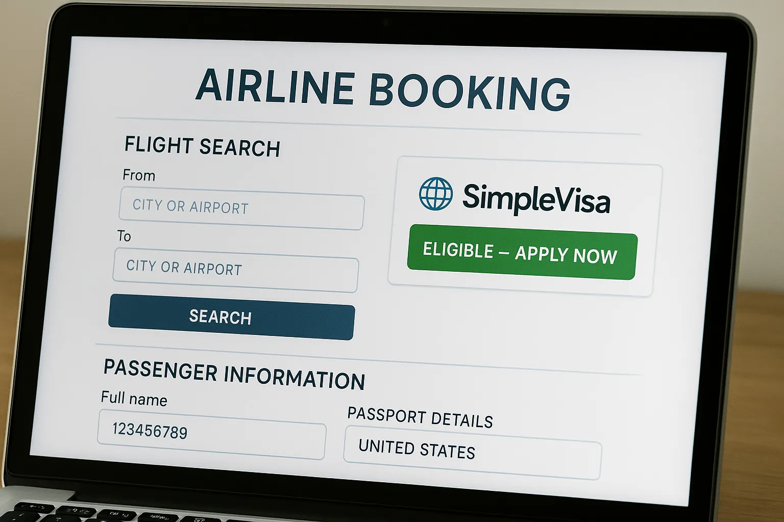 Illustration of an airline booking page with an embedded SimpleVisa widget showing a green “Eligible – Apply Now” banner next to passport details.