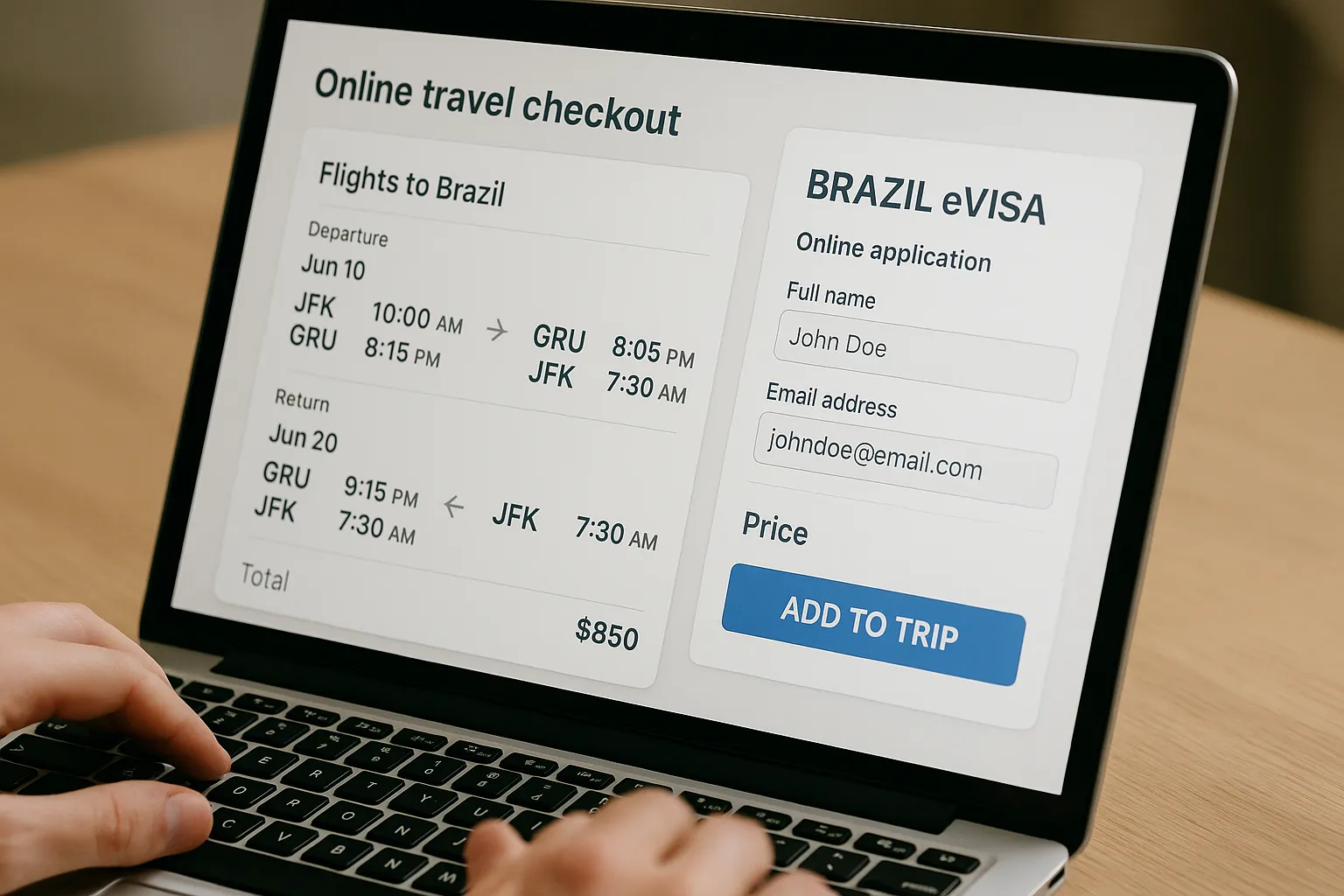 Illustration of an online travel checkout page where the user selects flights to Brazil and, in the same view, a sidebar offers a pre-filled Brazil eVisa application with price and “Add to trip” button.