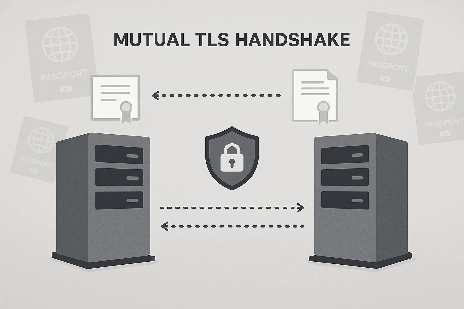 Illustration of two servers performing a mutual TLS handshake; dotted arrows show certificate exchange while a shield icon indicates encrypted communication. The background depicts abstract passport icons fading away to signify protected data.