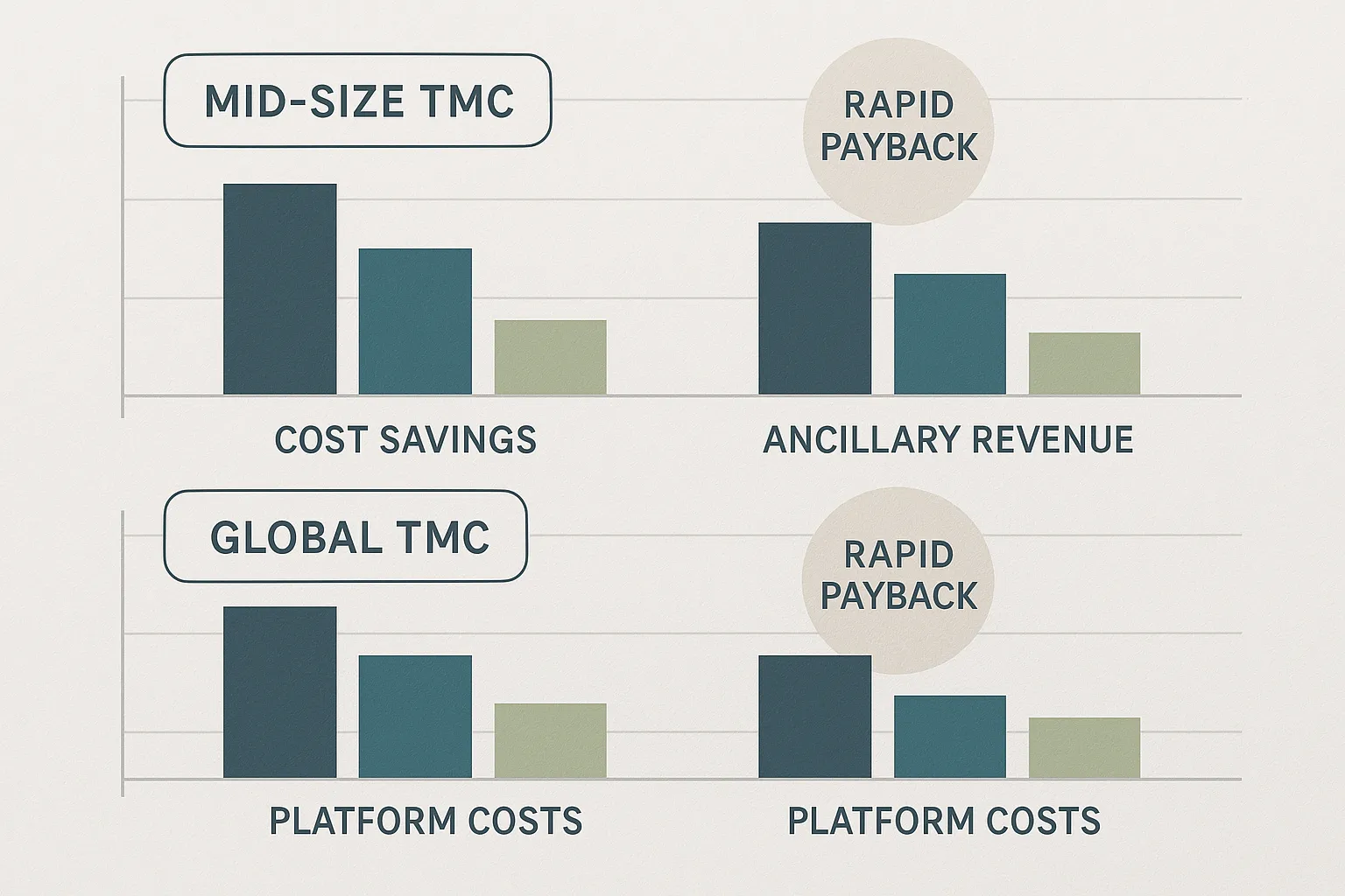 Illustration of two TMC profiles (mid-size vs global) on a bar chart showing cost savings, ancillary revenue, and platform costs, highlighting the rapid payback periods for each.