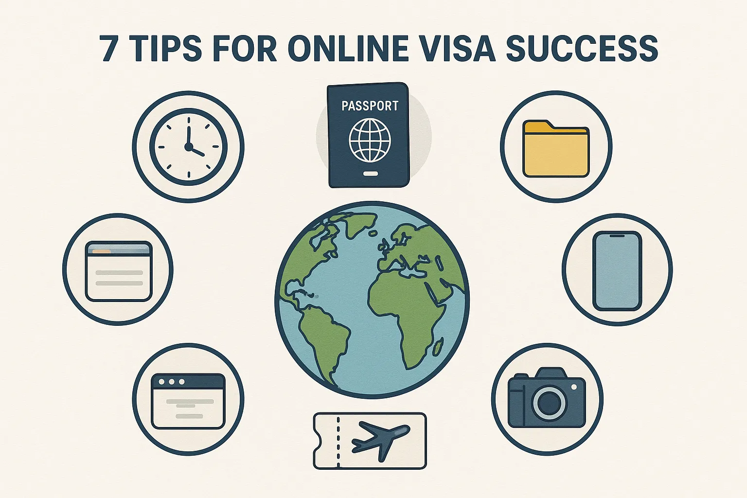 Infographic showing the seven tips as icons around a globe – a clock, passport OCR, file folder, smartphone, camera, airplane ticket, and browser window – illustrating best practices for online visa success.
