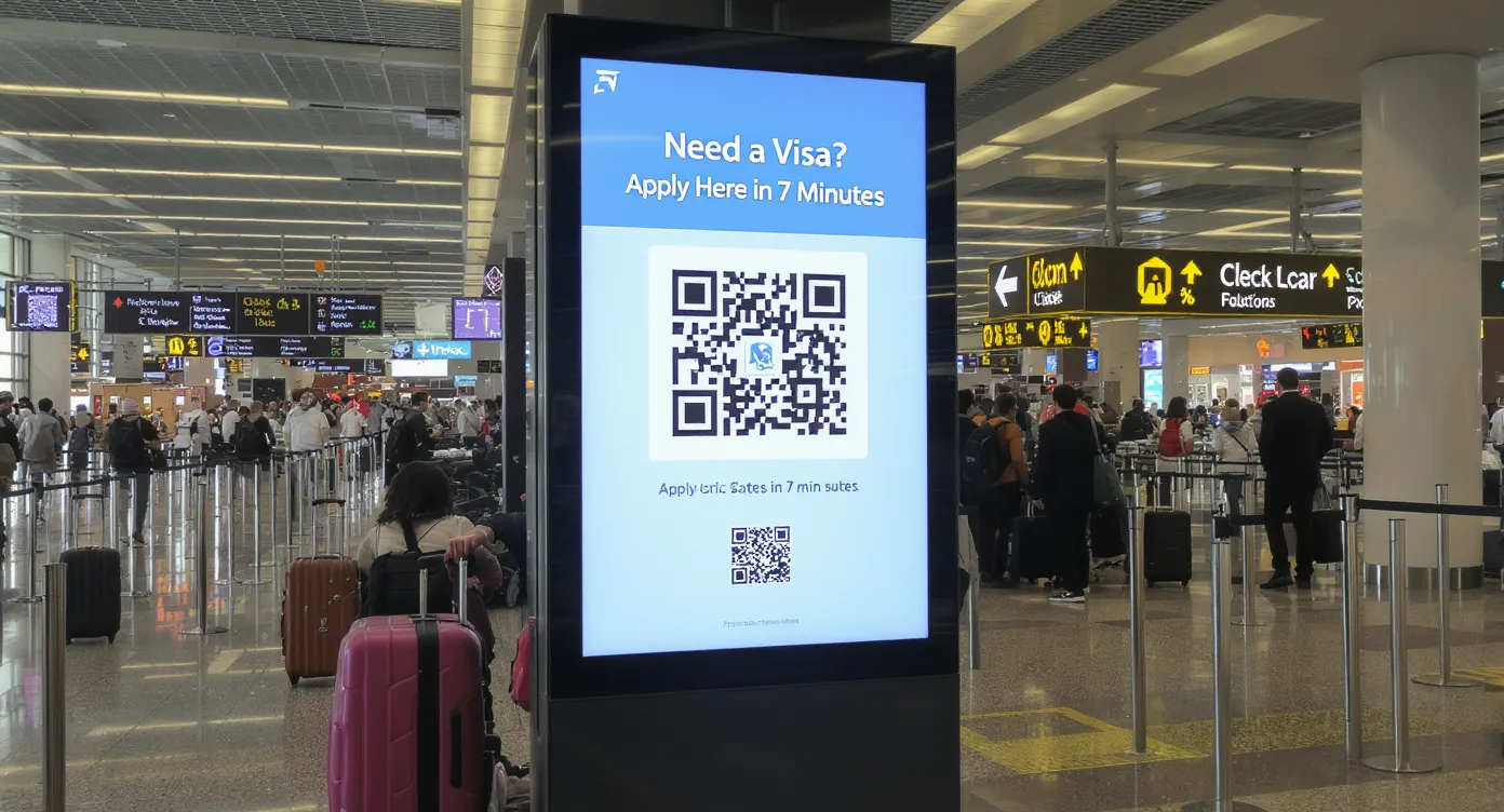 Large digital poster near an airport check-in area displaying a prominent QR code and the message “Need a Visa? Apply Here in 7 Minutes”, with travelers scanning the code using their smartphones while wheeled suitcases pass by.