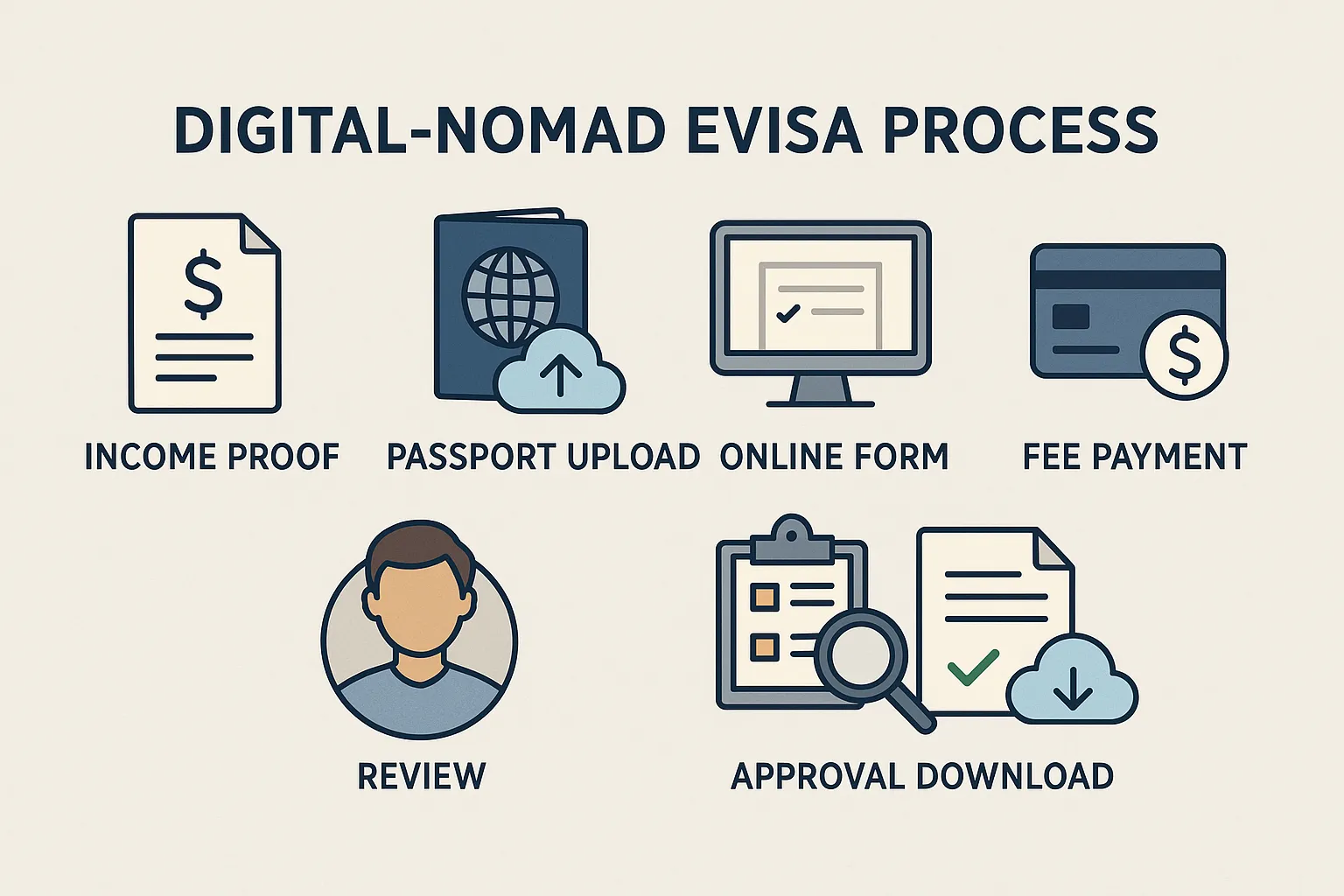 Simple infographic: six icons illustrating the digital-nomad eVisa process (income proof, passport upload, online form, fee payment, review, approval download).