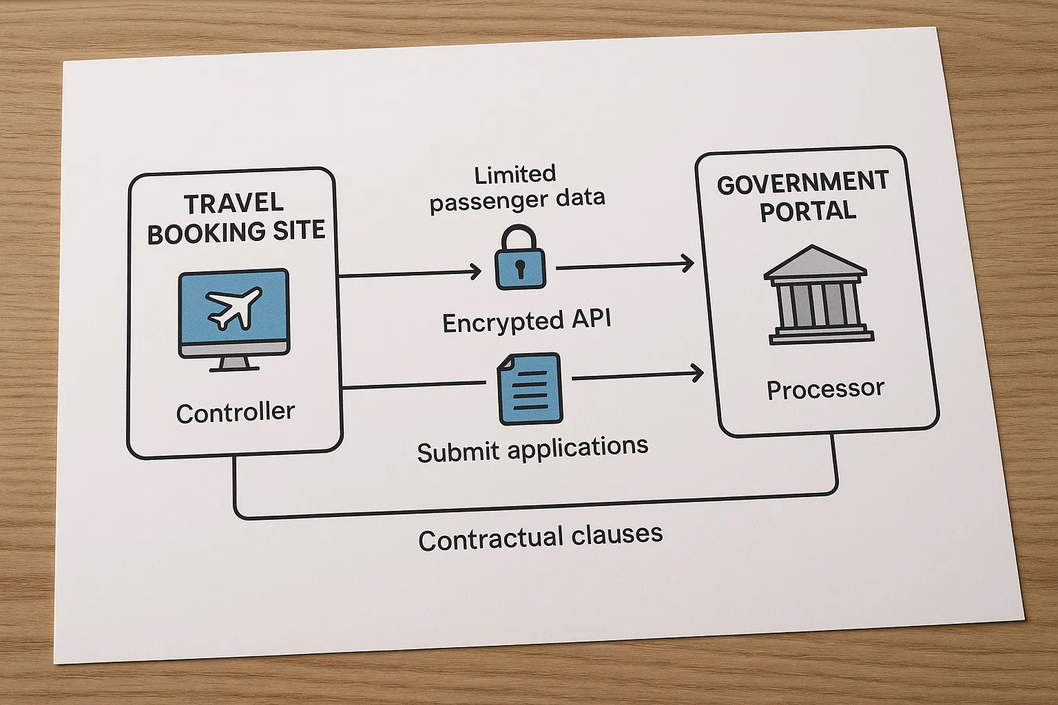 Simplified data-flow diagram depicting a travel booking site (controller) sending limited passenger data via an encrypted API to a visa processor (processor), which submits applications to a government portal, all governed by contractual clauses.