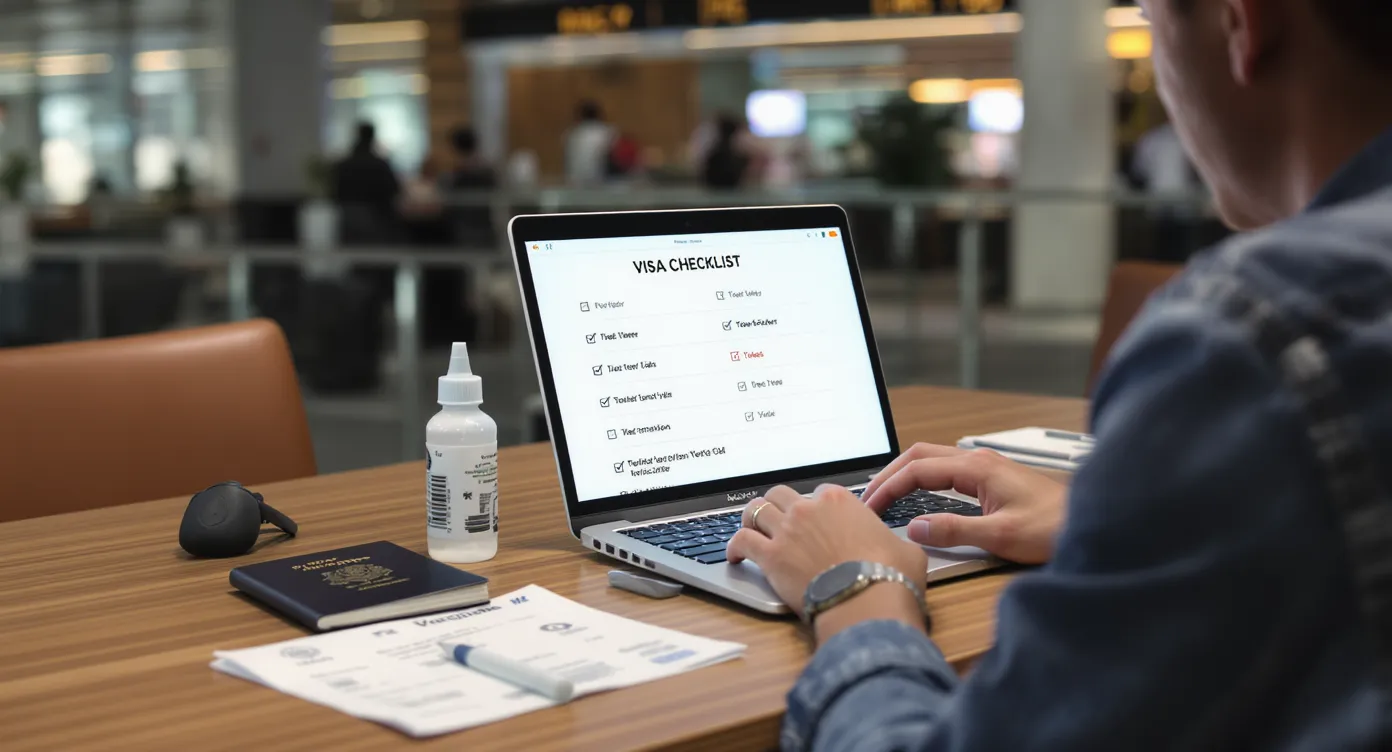 Traveler at a laptop ticking off a digital visa checklist while passports, tickets, and vaccination certificates lie neatly on a table.