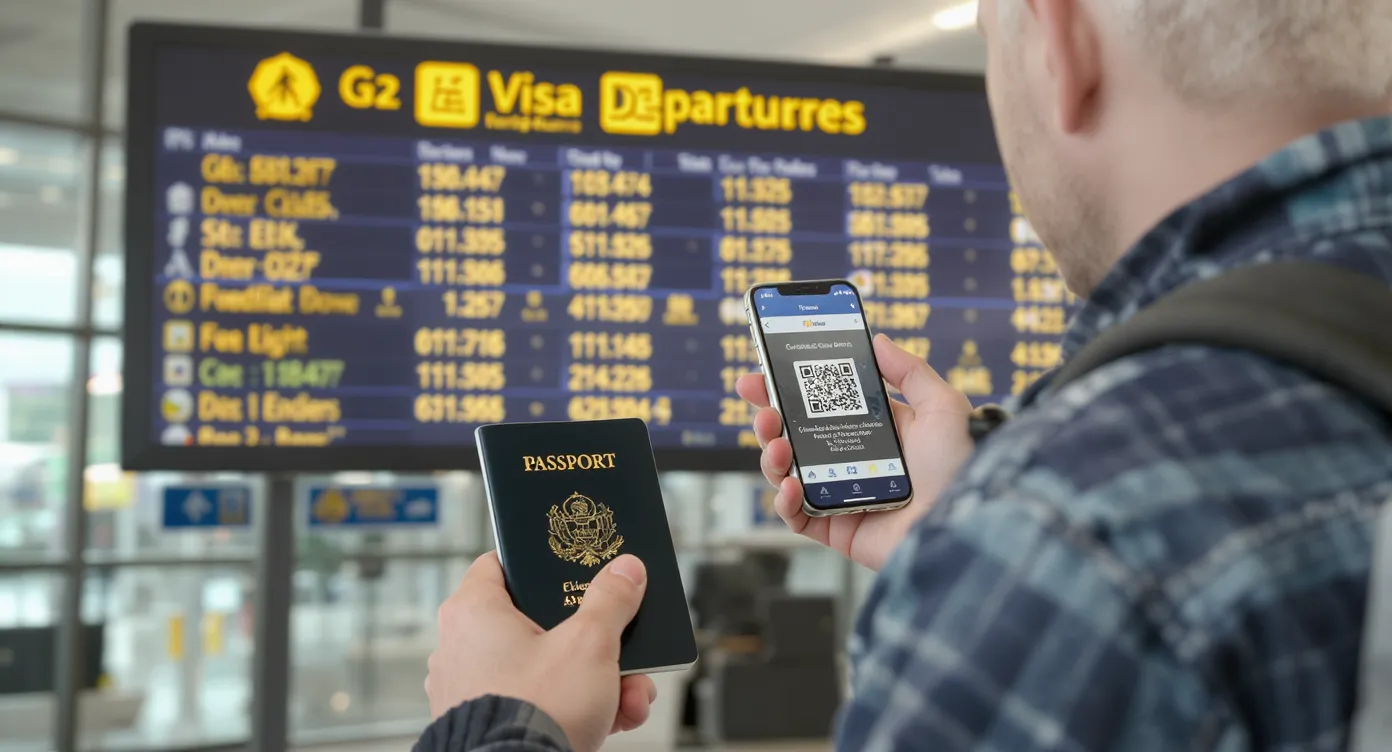 Traveler holding a passport and phone showing an approved eVisa QR code, standing in front of an airport departures board.