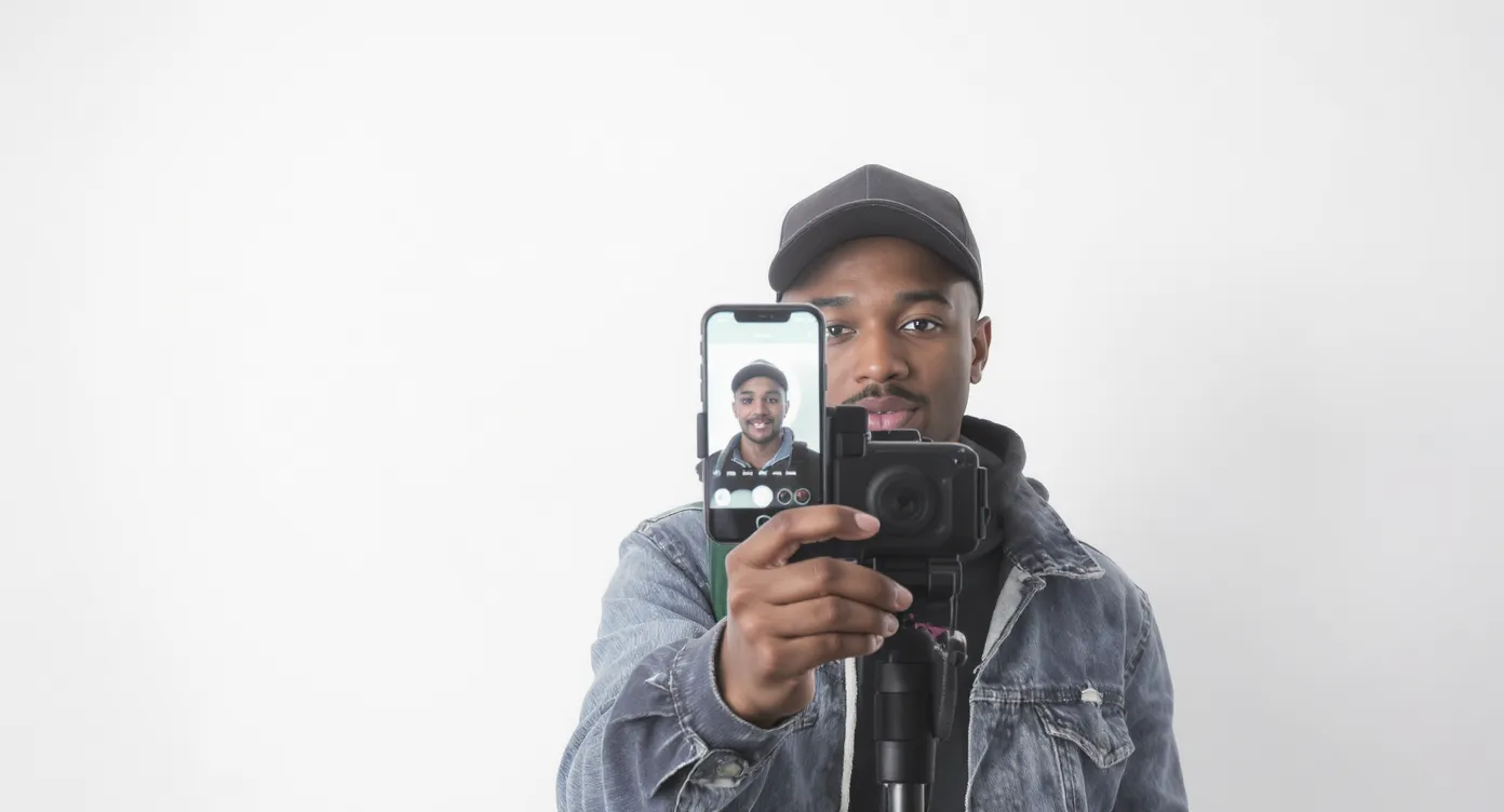Traveler takes a passport-style photo in front of a white wall using a phone tripod with a ring light; the app’s crop guides ensure correct head size and background.