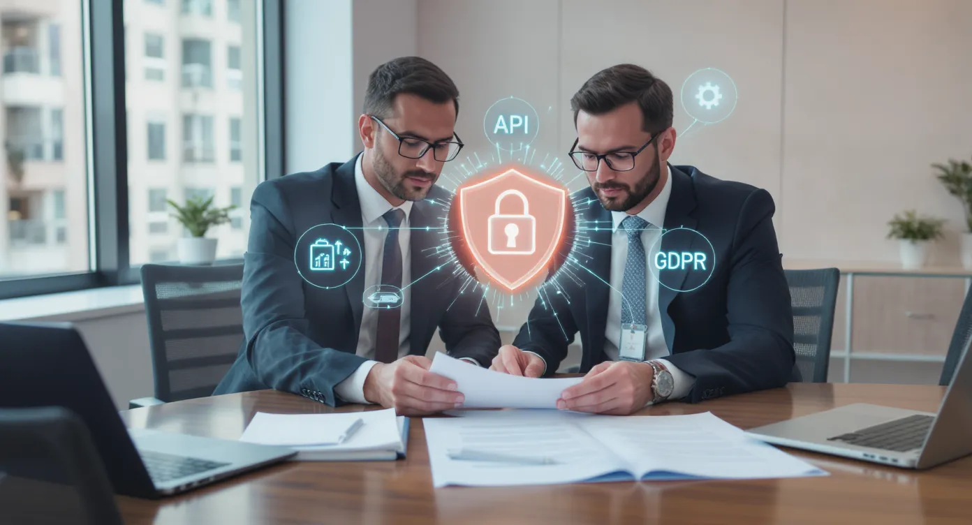 Two legal counsels reviewing a contract on a conference table, with holographic icons of data encryption, GDPR shield, and API connections hovering above the document, symbolising secure data-sharing in travel tech.