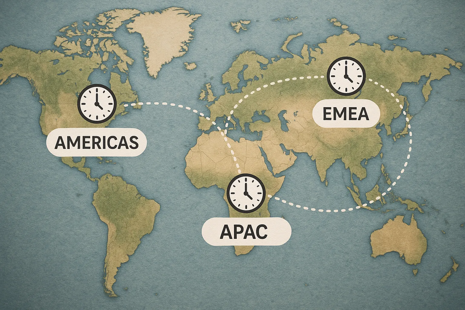 World map displaying three support hubs with clock icons indicating shift coverage (Americas, EMEA, APAC) connected by dotted communication lines.
