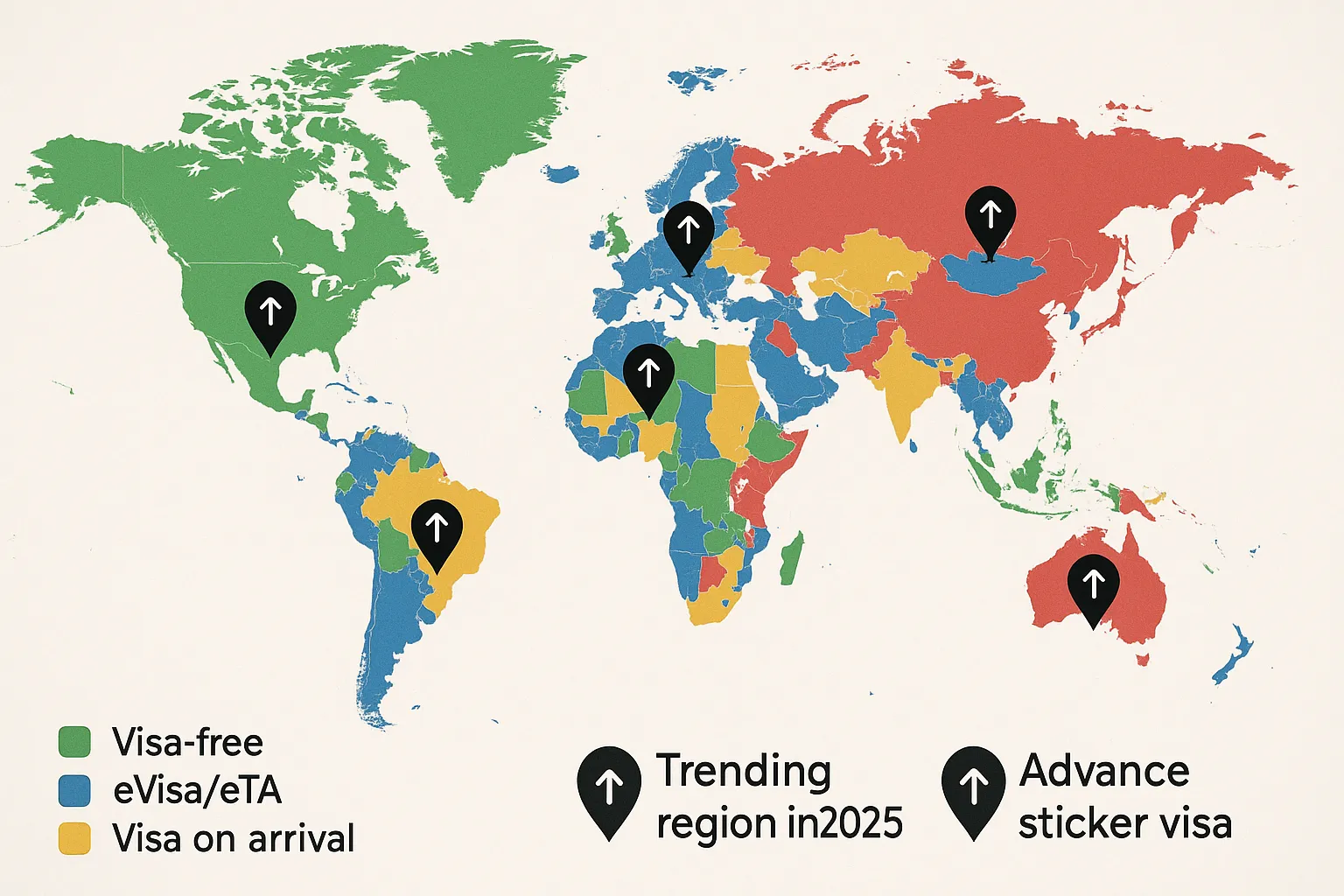 World map shaded to illustrate different visa-policy categories—visa-free (green), eVisa/eTA (blue), visa on arrival (yellow), advance sticker visa (red)—with icons marking trending regions in 2025.