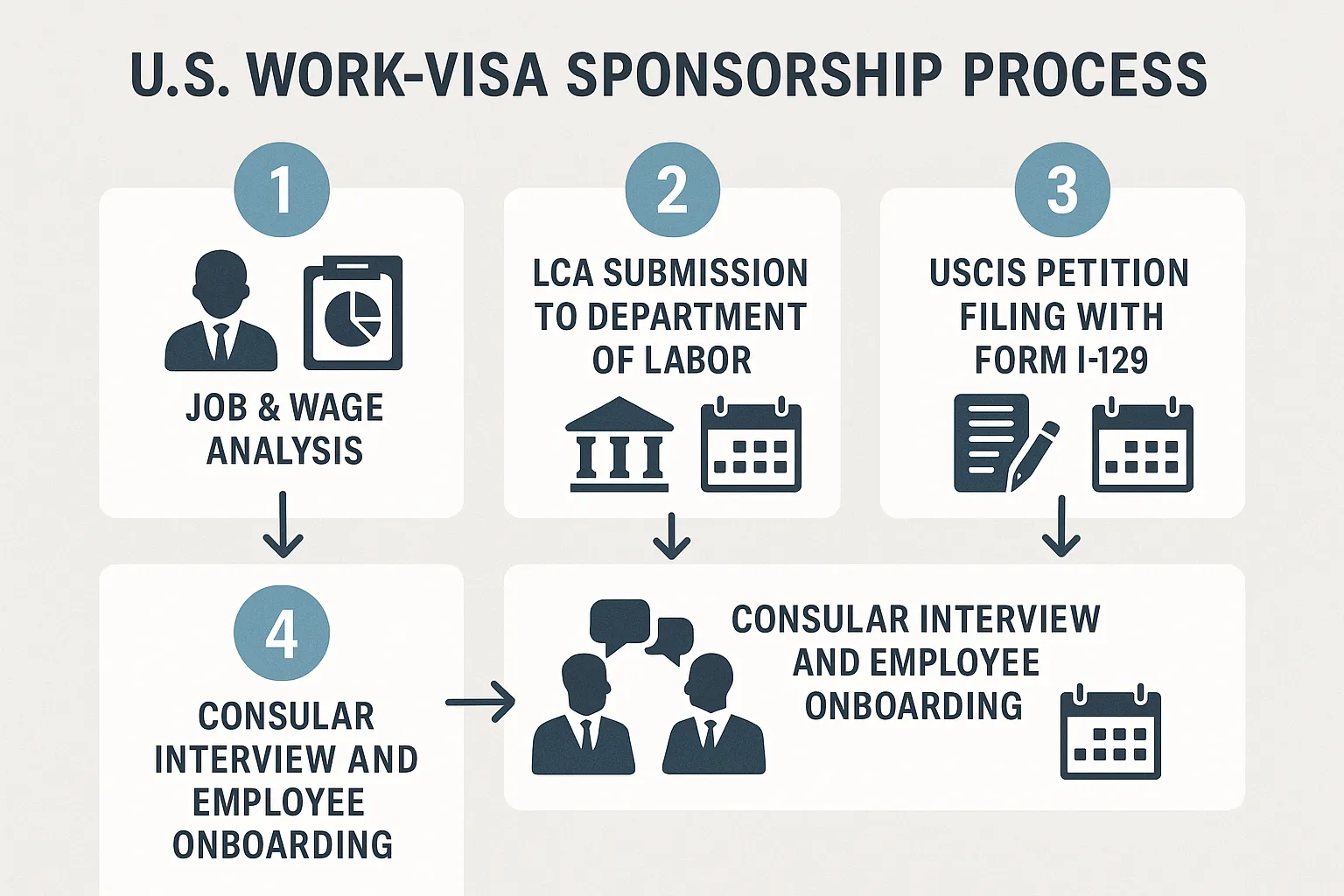 A clean, four-step flowchart illustrating the U.S. work-visa sponsorship process: 1) Job & wage analysis, 2) LCA submission to Department of Labor, 3) USCIS petition filing with Form I-129, 4) Consular interview and employee onboarding. Corporate icons and calendar symbols accompany each step.