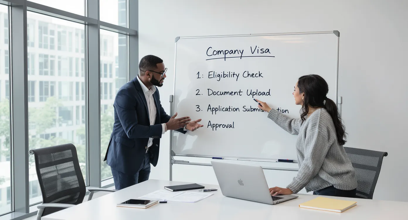 A compliance manager sits with a travel coordinator in front of a laptop, mapping out a company visa workflow on a large whiteboard that shows steps like eligibility check, document upload, application submission and approval.