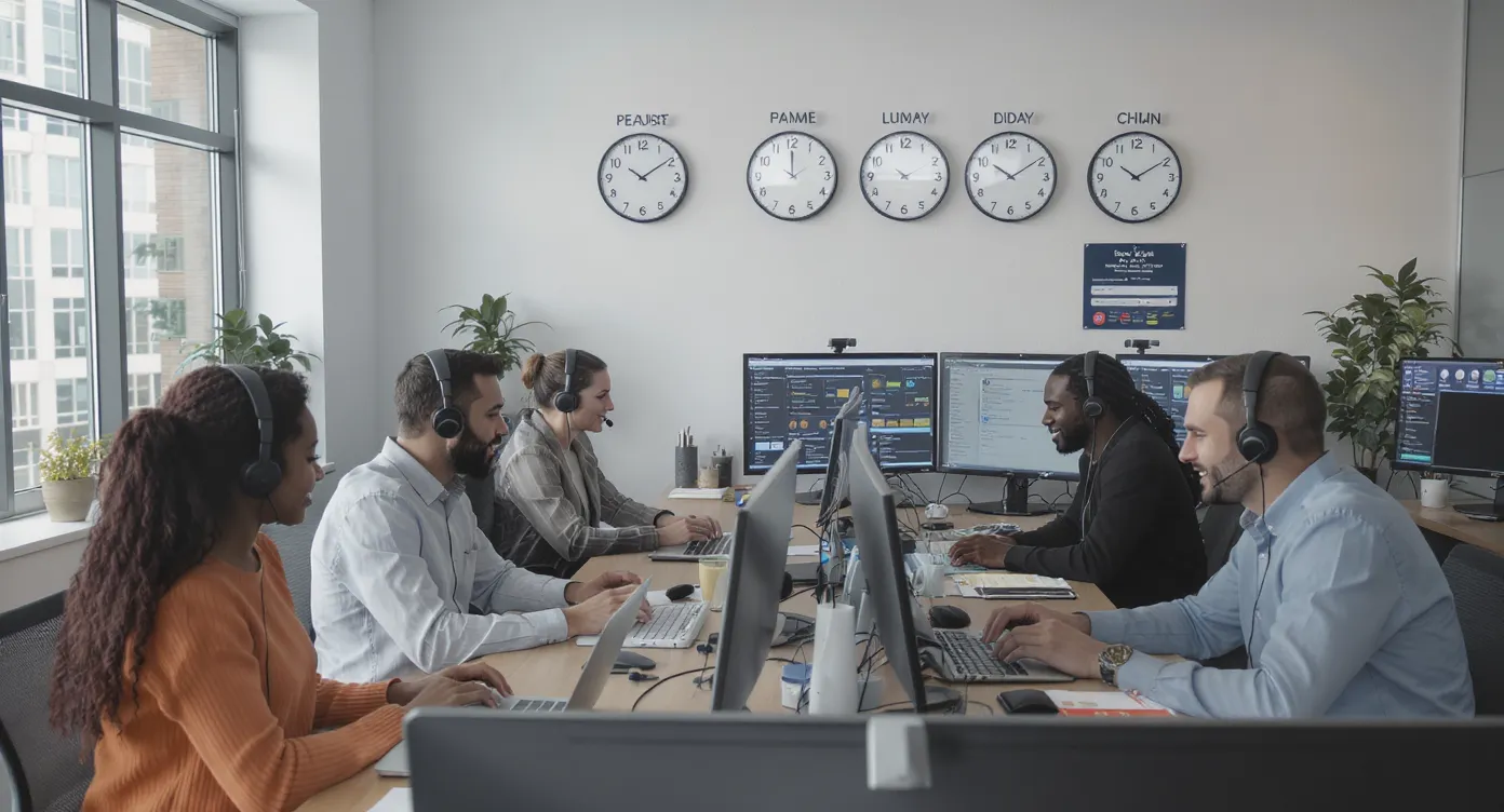 A diverse, global support team sits in a modern office with time-zone clocks on the wall, responding to travel visa inquiries via laptops, headsets, and an omnichannel dashboard.