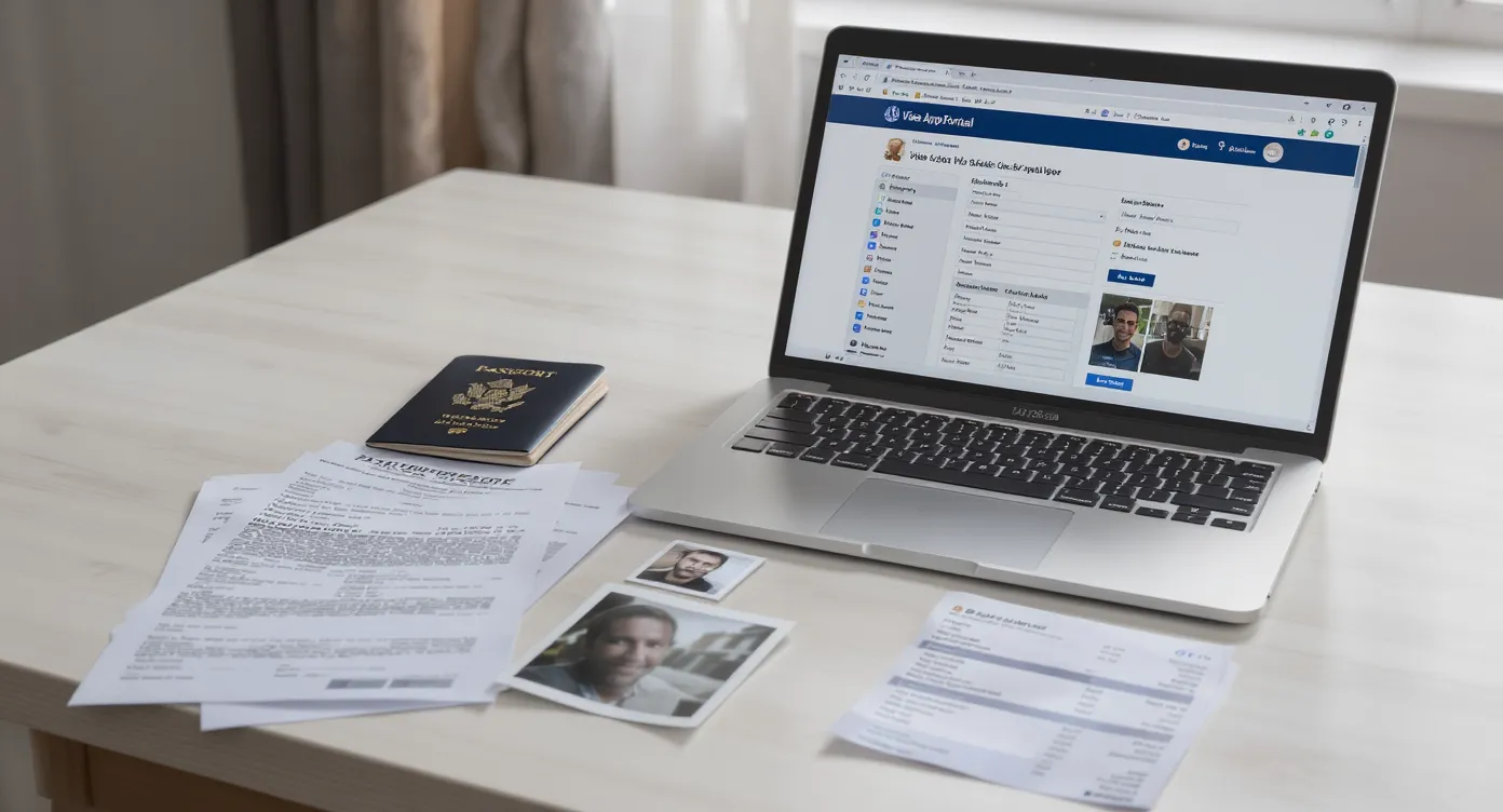 A neatly organised desktop showing a passport, printed DS-160 confirmation page, a 2×2-inch photo, bank statements, and a laptop displaying the U.S. visa portal, illustrating the document-gathering stage of the application.