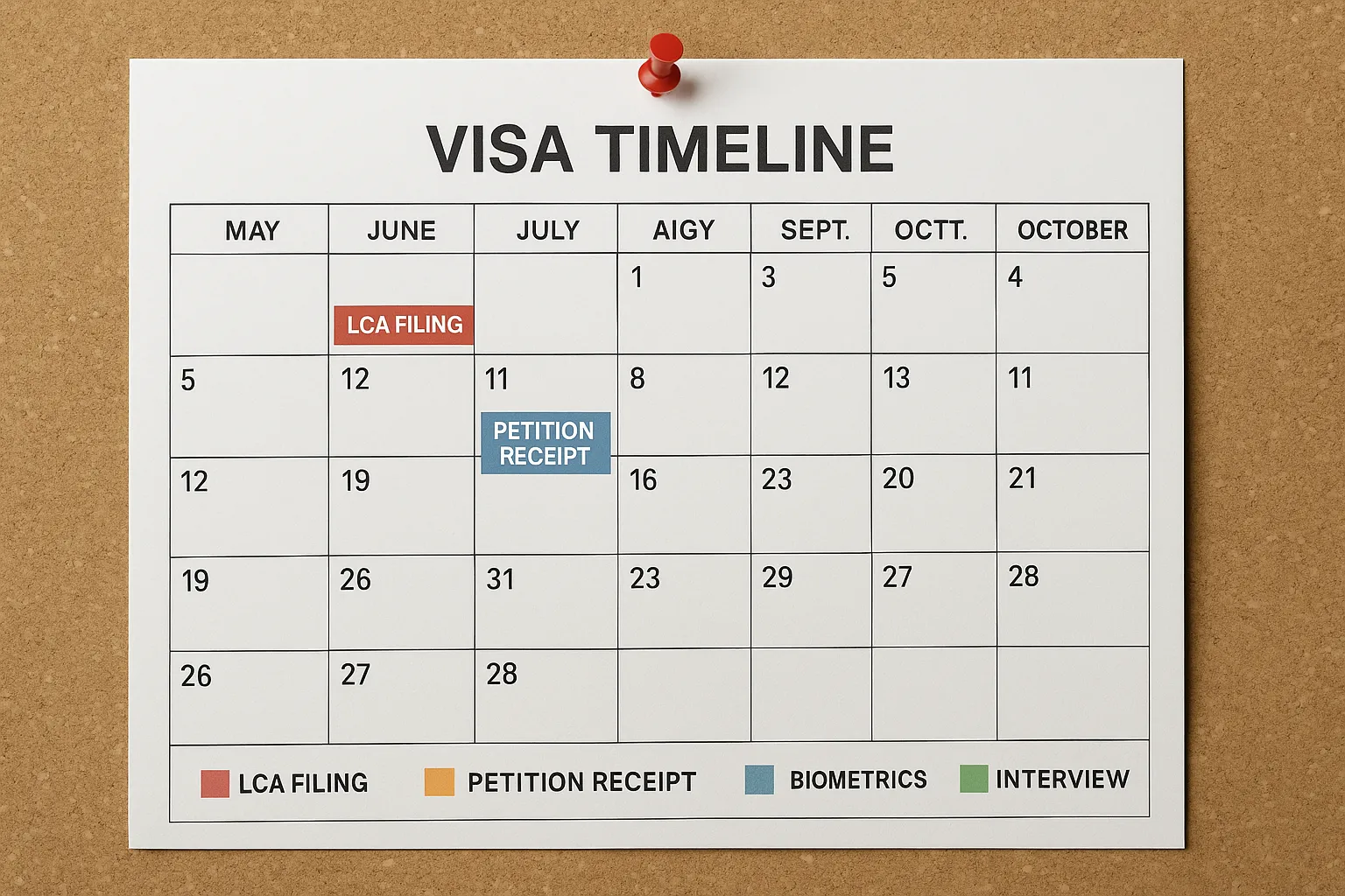 A project-management style calendar showing key visa milestones—LCA filing, petition receipt, biometrics, interview date—color-coded over six months, pinned to a corporate notice board.