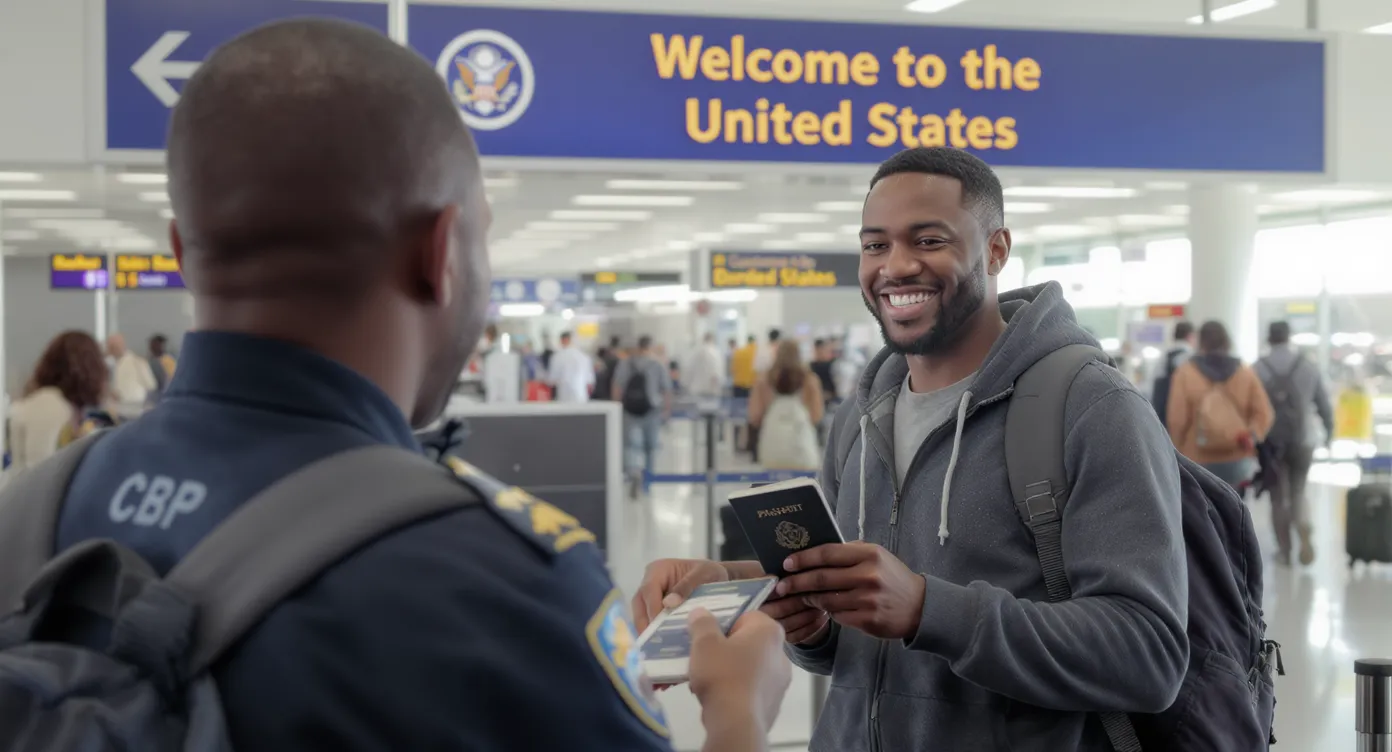 A smiling traveler passes through U.S. Customs, presenting a passport to a CBP officer beneath the “Welcome to the United States” sign, symbolising the final step of the visa journey.