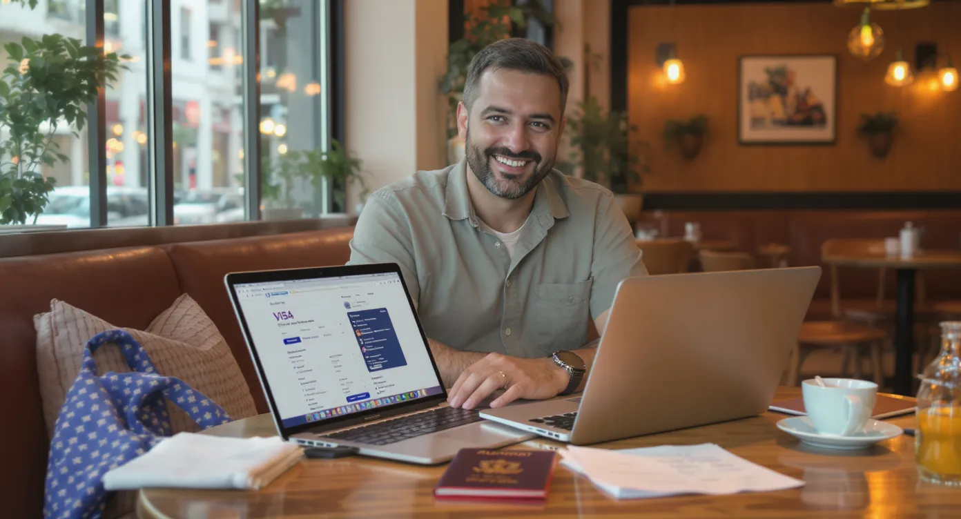 A smiling traveler sits at a café table with a laptop open to an online visa application portal; passports and a phone with flight details lie beside a coffee cup, conveying the ease of securing travel documents digitally.