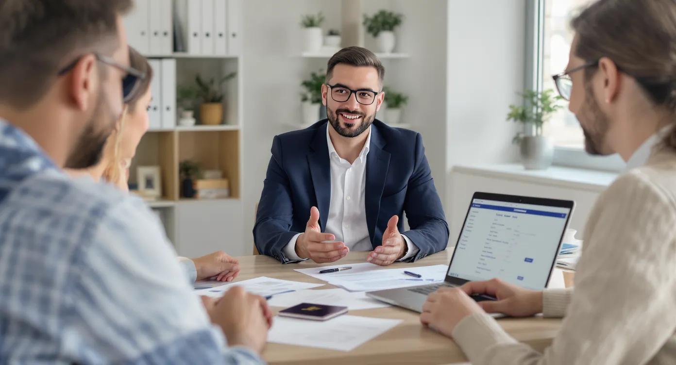 A travel consultant sitting at a desk covered with passports, visa letters, and a laptop showing an online application form, explaining requirements to a couple who look relieved.