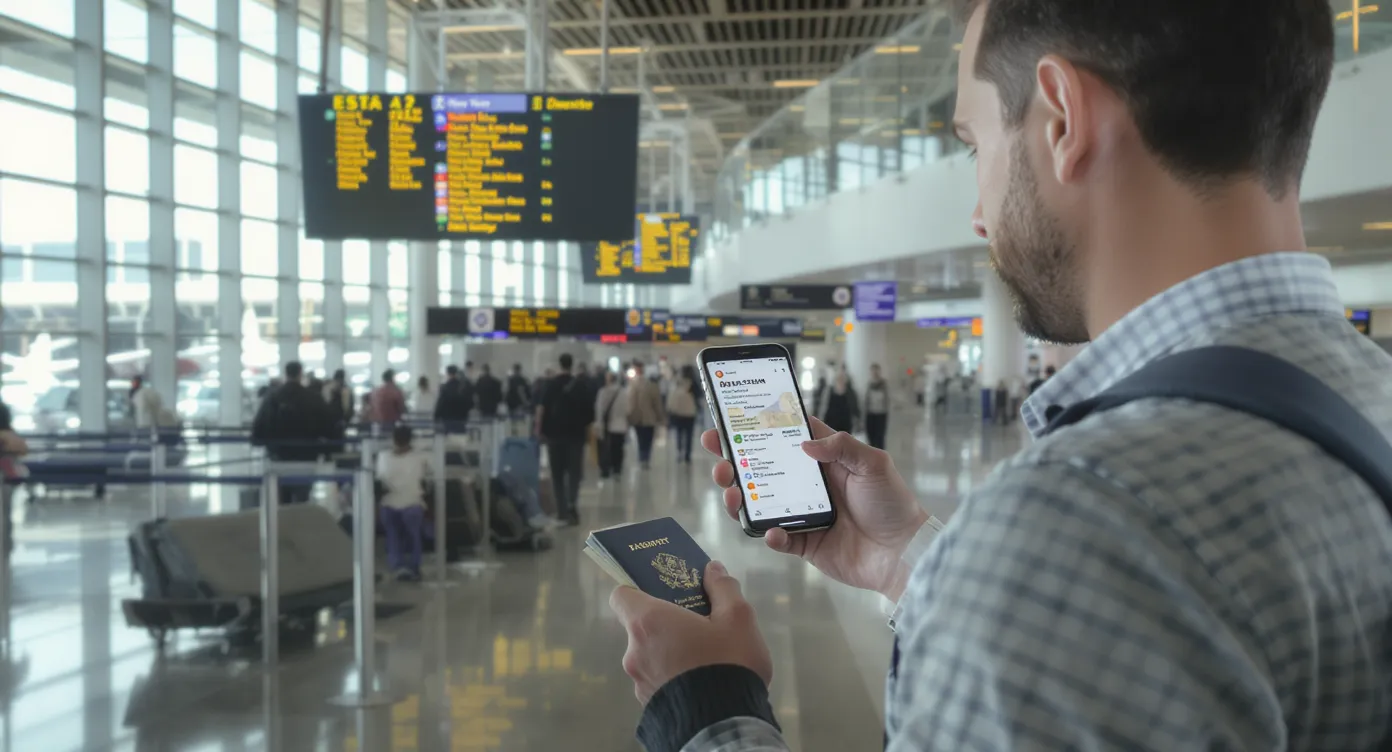 A traveler at a brightly lit airport departure hall checks the digital version of their approved ESTA on a smartphone while holding a passport; overhead flight boards display upcoming flights to New York and Los Angeles.