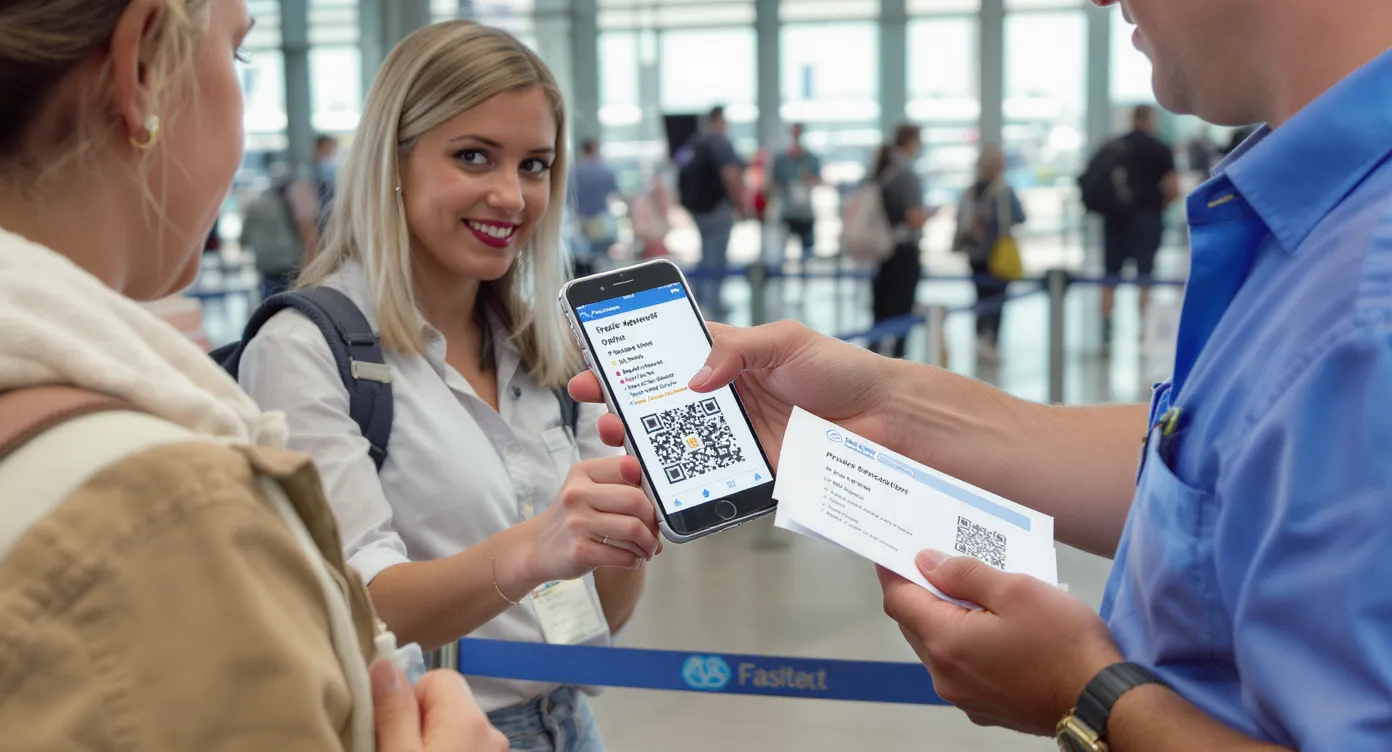 A traveler at an airport gate scans a QR code on her phone that displays her approved e-Visa PDF while holding a printed backup in the other hand; the boarding agent gives a thumbs-up.