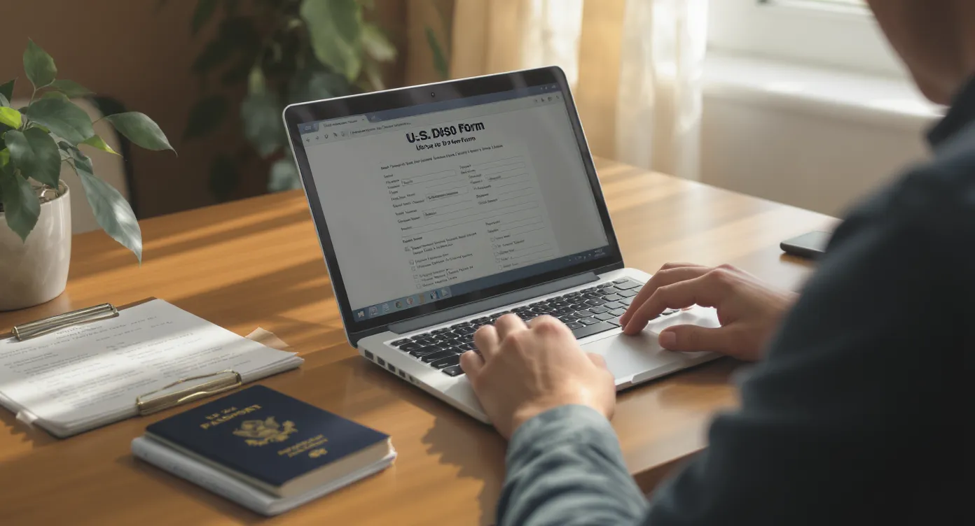 A traveler sits at a desk with a laptop open to the U.S. DS-160 visa form, surrounded by a neatly arranged passport, digital photo, and checklist of required documents. Morning light streams through a window, conveying organized preparation.