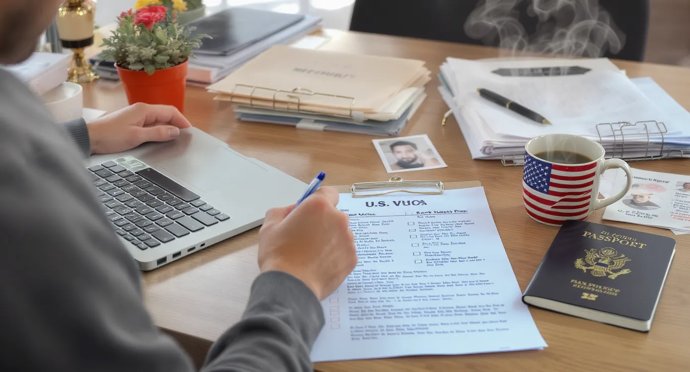 A traveler sits at a desk with an open laptop, neatly arranged folders labelled 