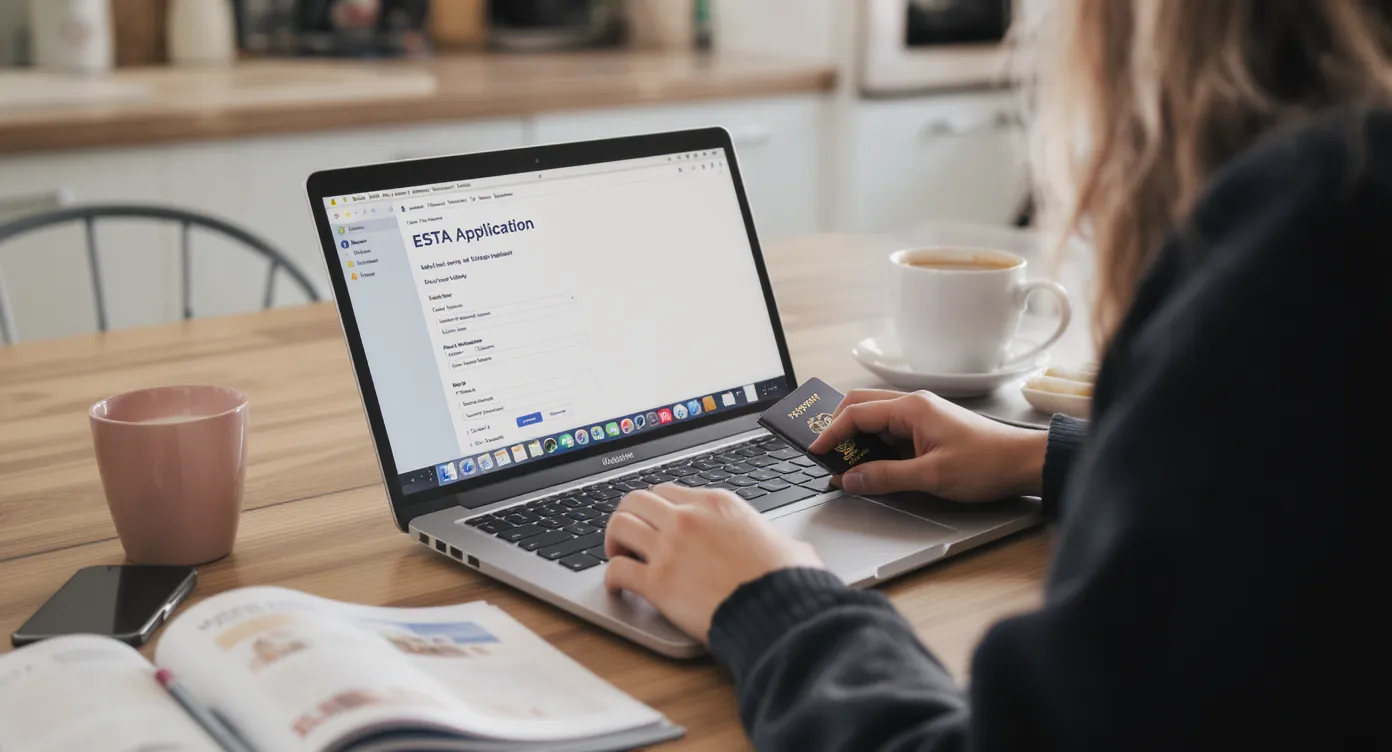A young traveler scans her e-passport while completing an ESTA application on a laptop at a kitchen table; a coffee mug, phone and open guidebook sit nearby.