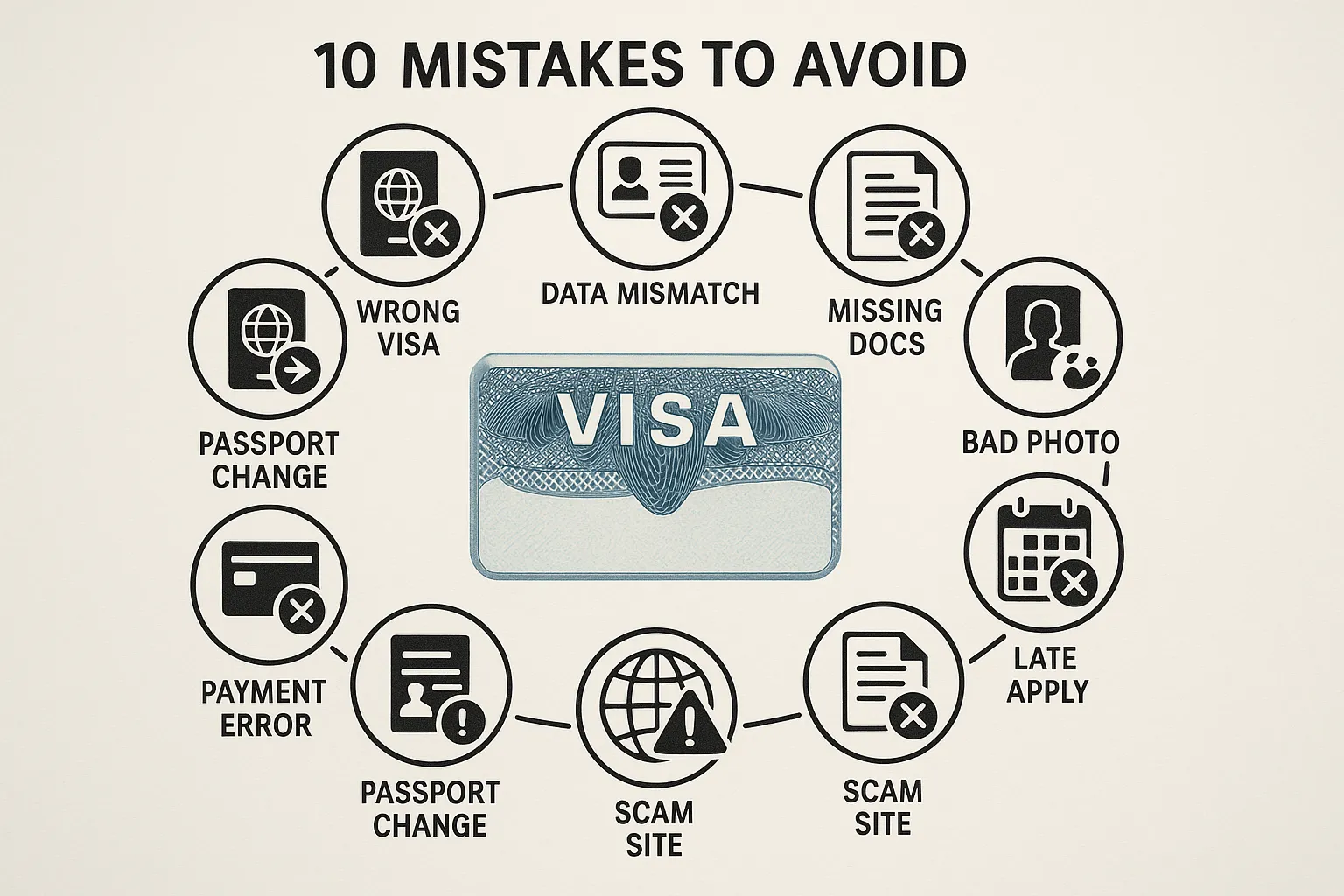 An infographic-style illustration summarizing the 10 mistakes with simple icons—wrong visa, data mismatch, missing docs, bad photo, interview, late apply, non-disclosure, scam site, payment error, passport change—arranged in a circle around a central U.S. visa stamp.
