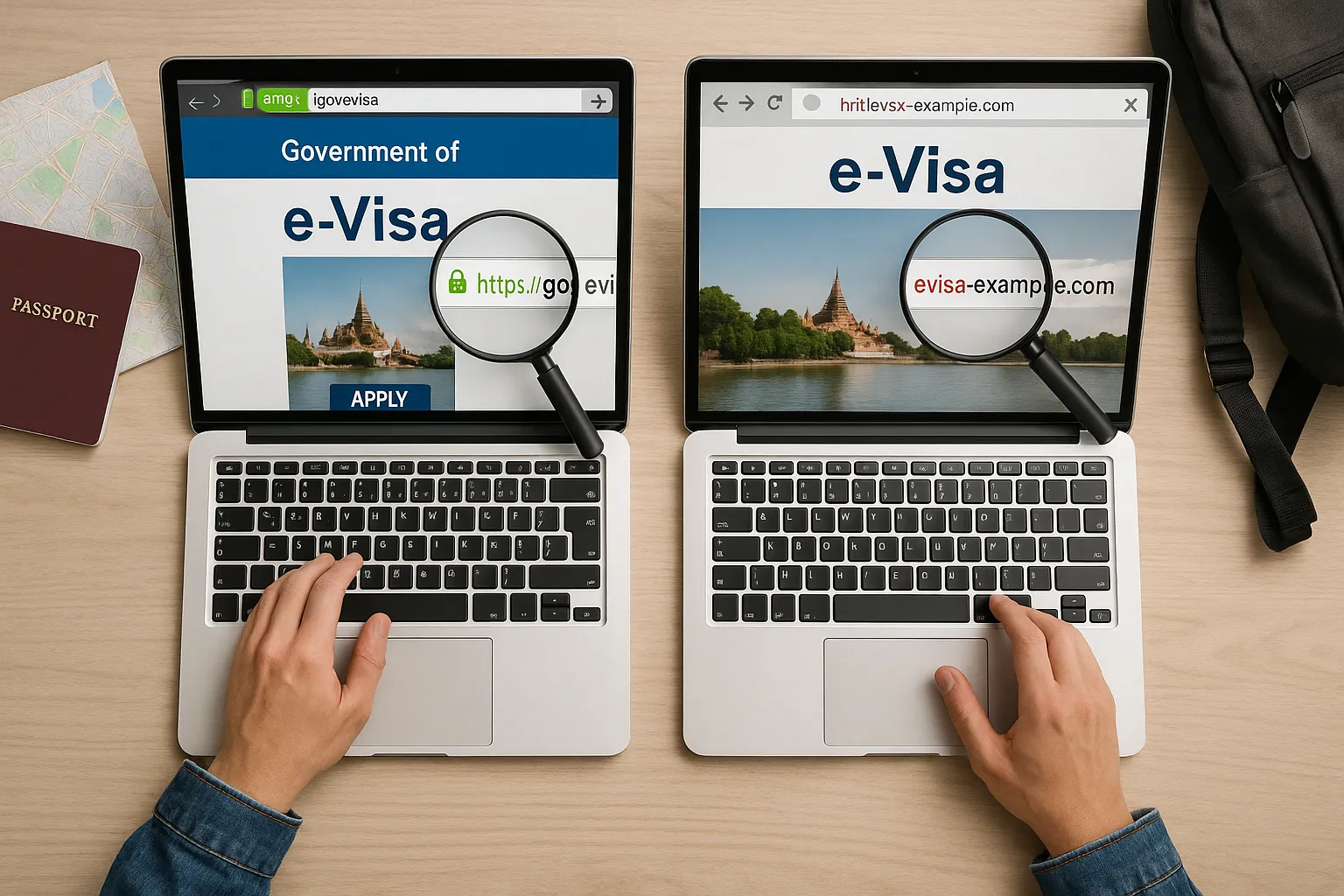 An overhead illustration of a traveler sitting at a laptop, comparing a genuine government e-Visa portal on one screen with a suspicious clone site on another; differences like domain names and padlock icons are highlighted with magnifying glasses.