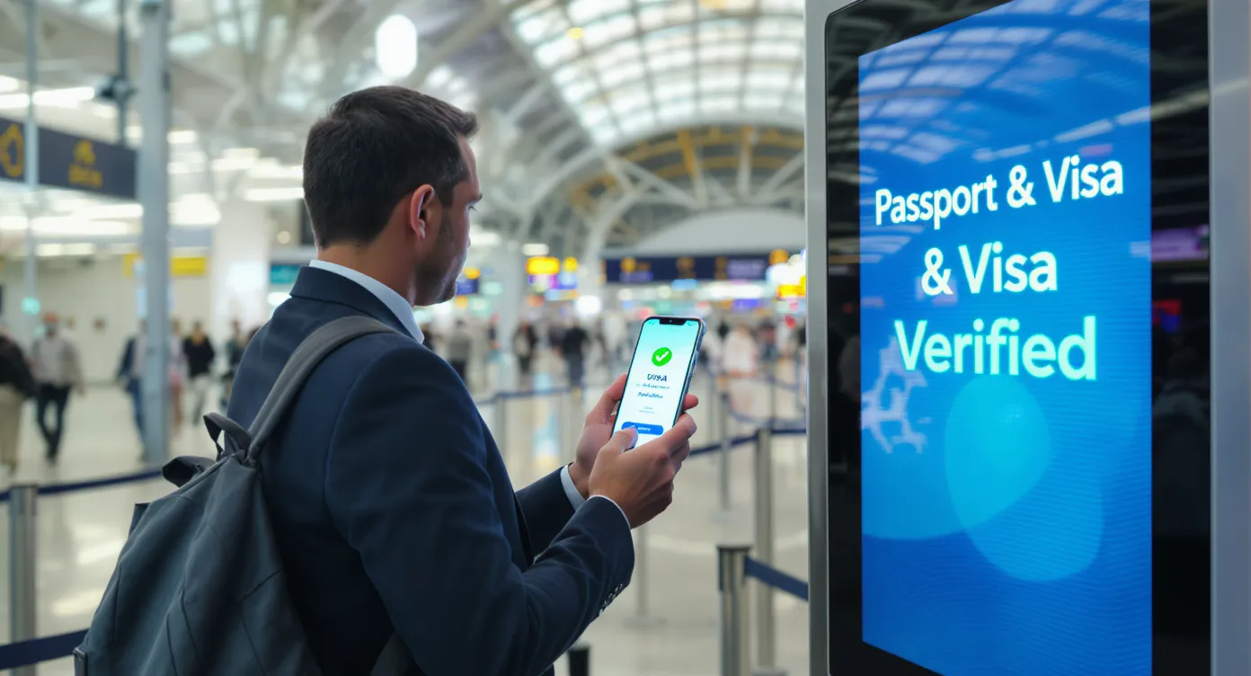 Business traveler holding a smartphone that displays a visa approval screen while boarding an airplane; in the background, a gate display shows 