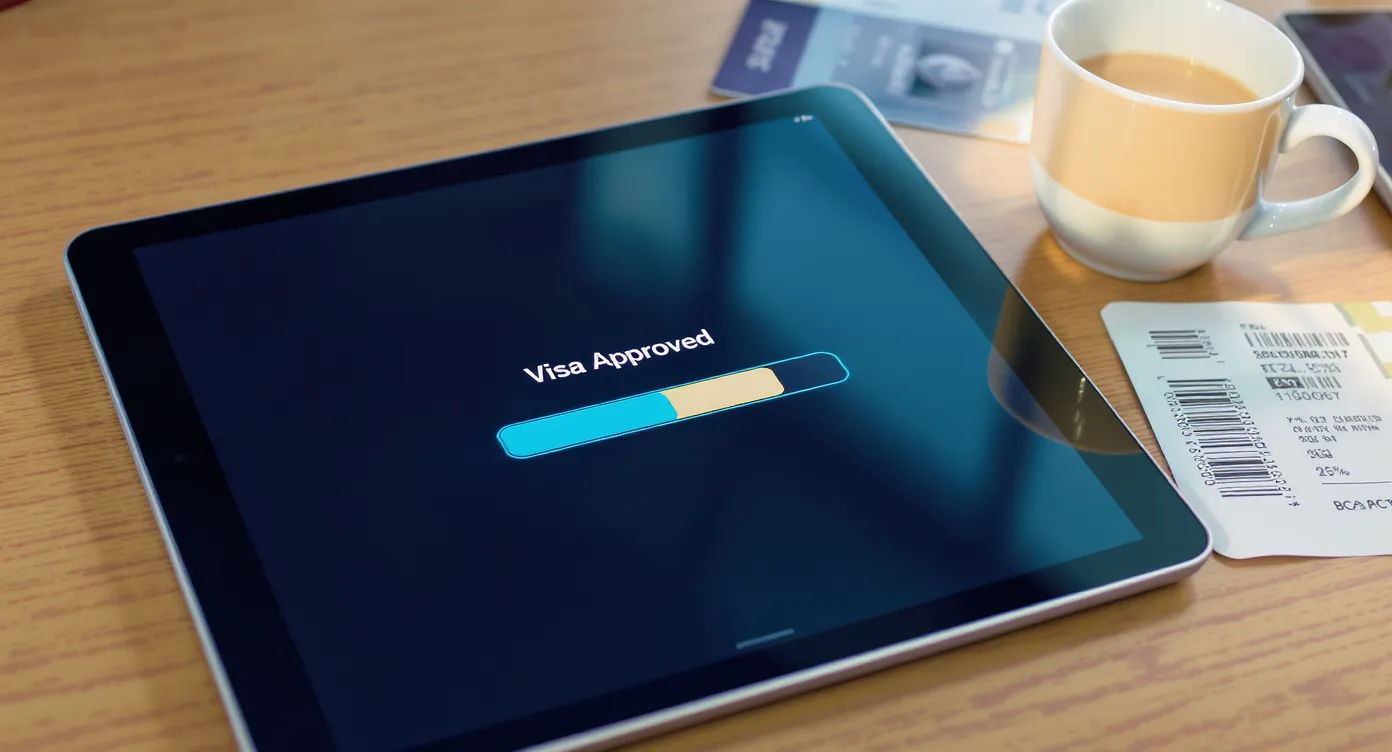 Close-up of a tablet showing a progress bar that reads “Visa Approved” beside a boarding pass and coffee cup on a departure-lounge table.