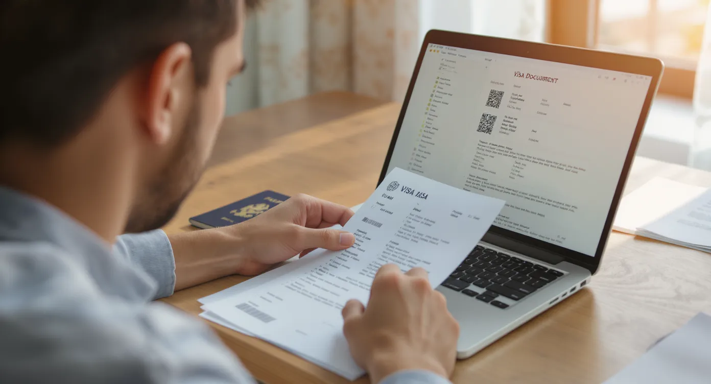 Close-up of a traveler double-checking digital visa documents on a laptop, with passport, flight ticket and checklist on a wooden desk under natural light.