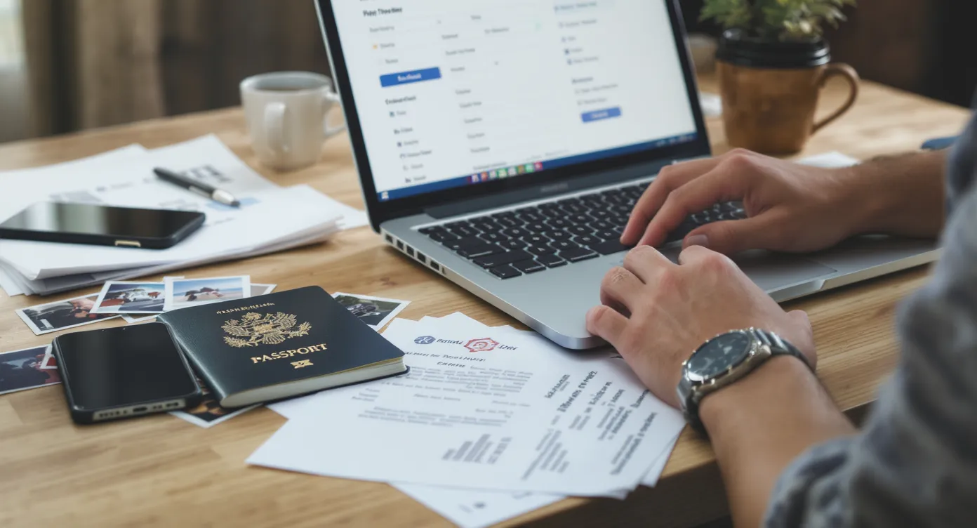 Close-up of a traveler organizing passport, digital photos and bank statements on a tidy desk while filling in an online visa application form on a laptop, with a smartphone and coffee cup nearby.
