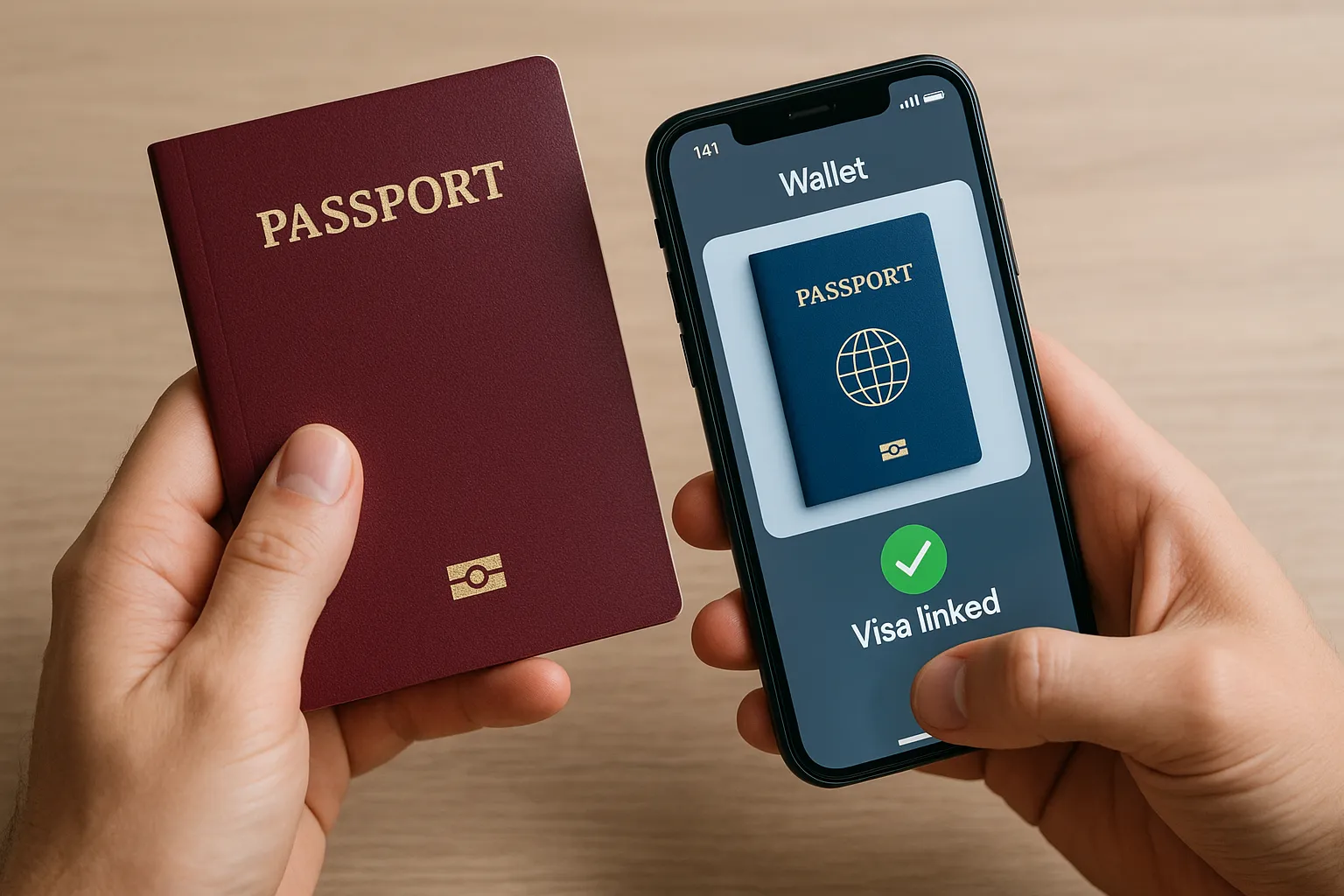 Conceptual illustration of a biometric passport being scanned into a smartphone wallet, with confirmation icons indicating successful visa linkage, symbolizing the future of seamless digital travel credentials.