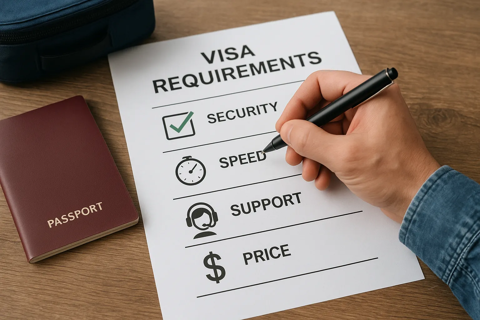 Illustrated checklist showing a traveler ticking off visa requirements, with icons for security, speed, support and price.