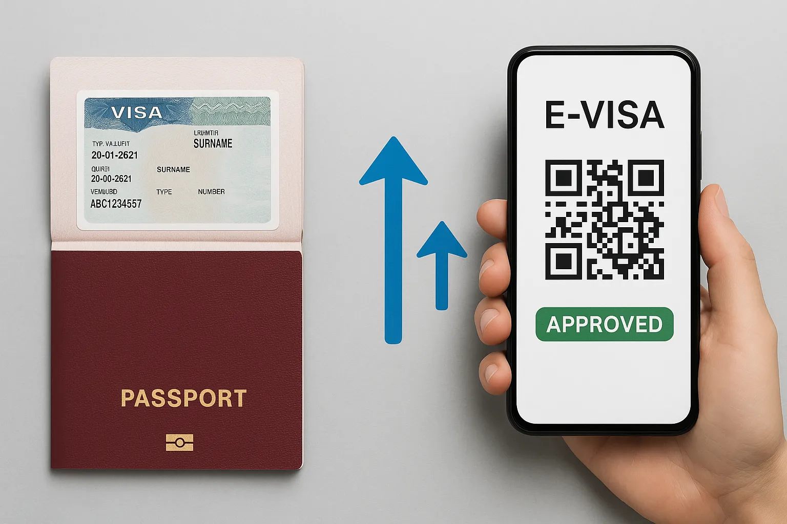 Illustration comparing a physical passport with a printed visa sticker on the left to a smartphone displaying an approved e-visa QR code on the right, connected by upward arrows indicating faster digital processing.