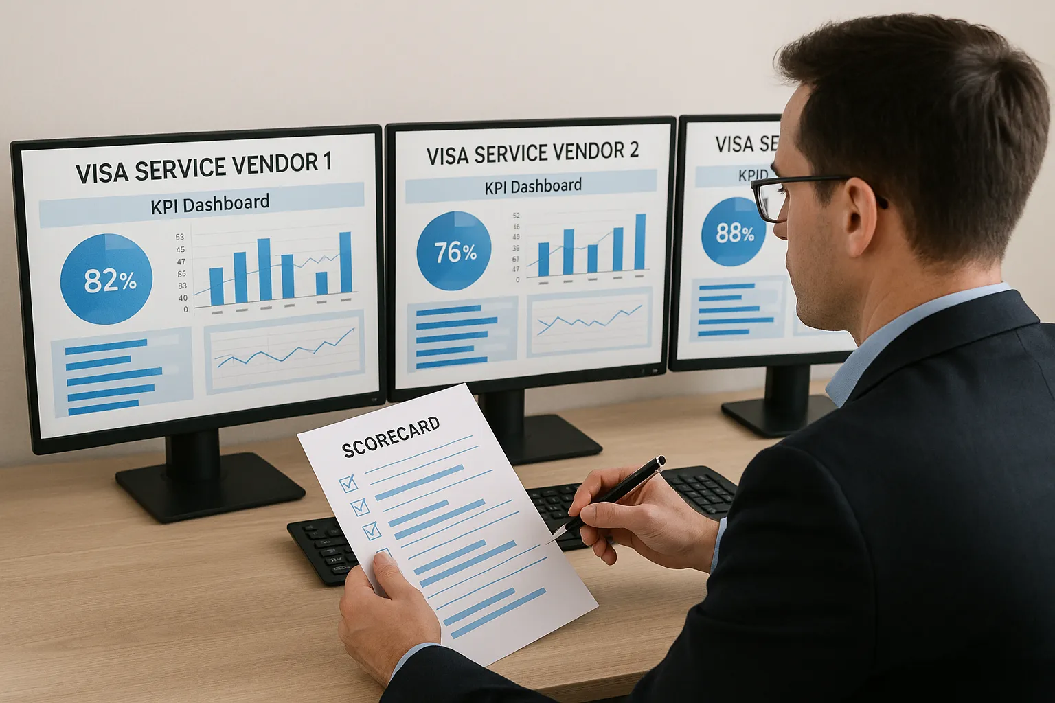 Illustration of a procurement manager comparing KPI dashboards for three visa service vendors on dual monitors while marking a scorecard checklist.