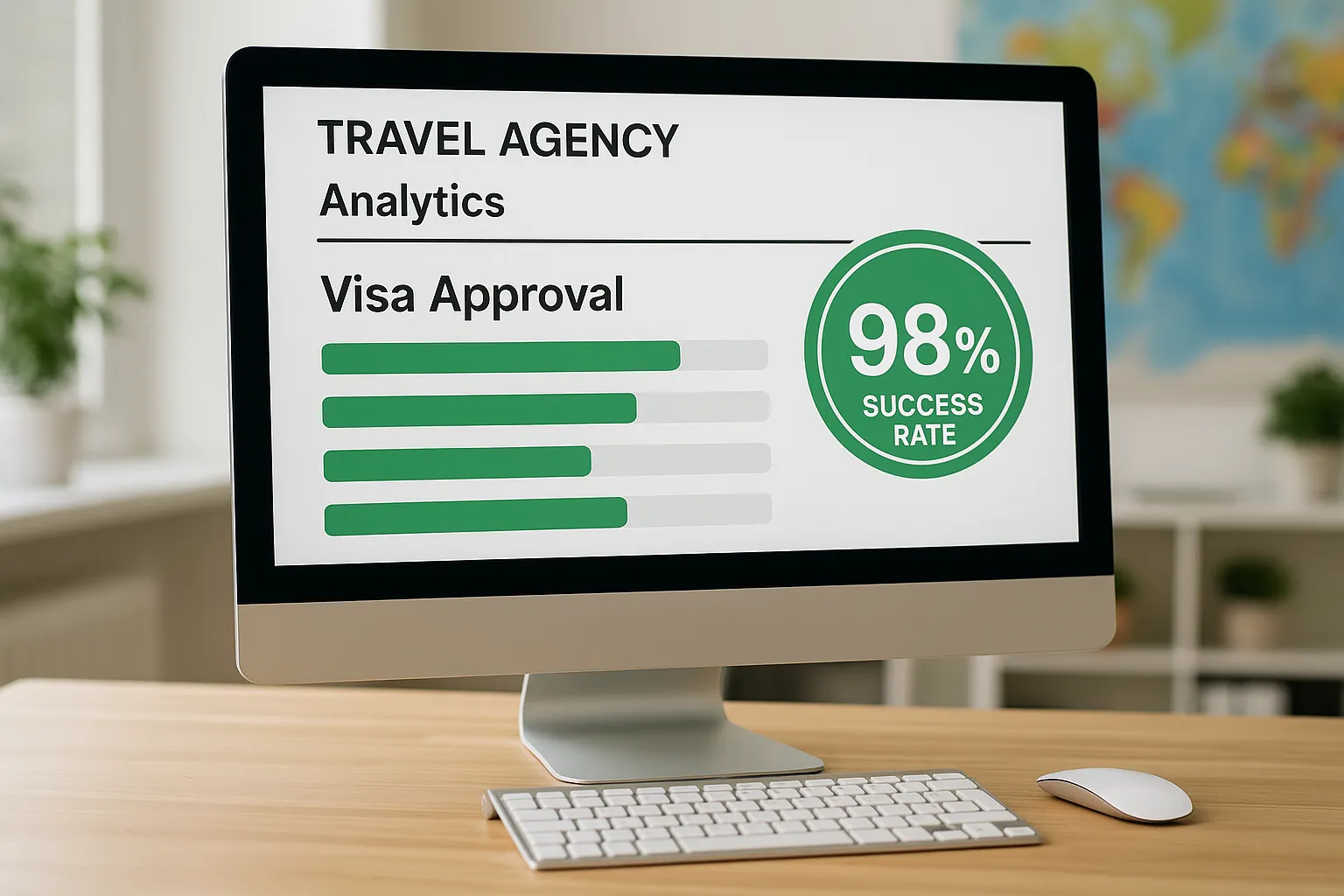 Illustration of a travel agency dashboard showing real-time visa approval analytics with green progress bars and a 98 % success rate badge.
