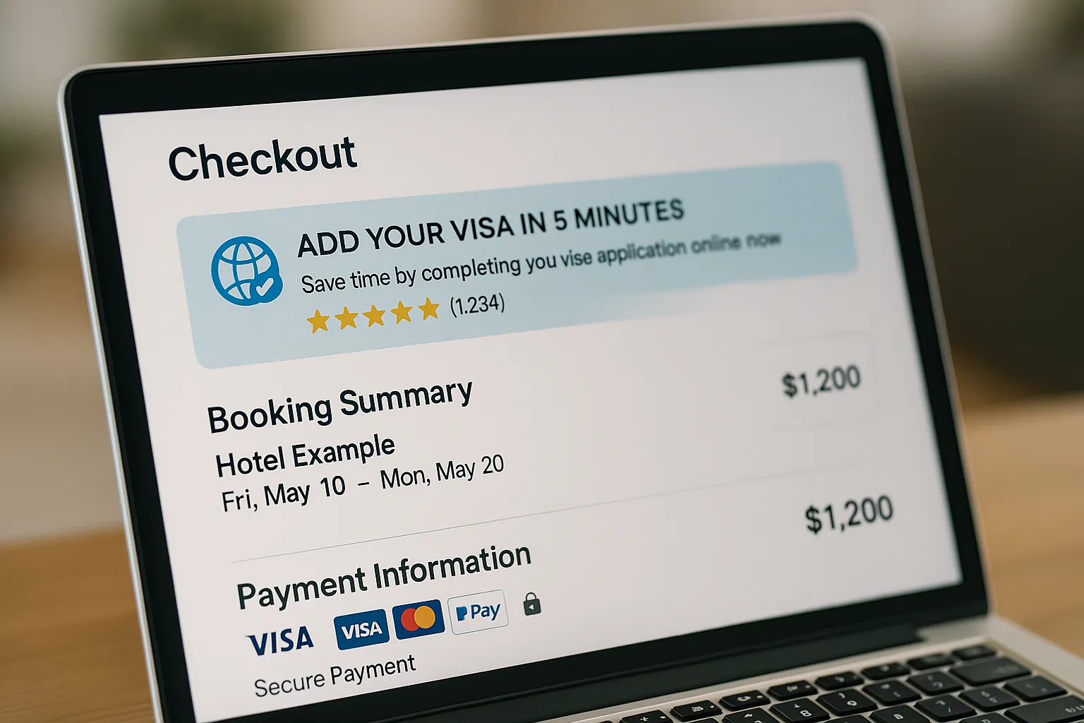 Illustration of a travel website checkout screen showing an optional 'Add Your Visa in 5 Minutes' upsell banner with a 5-star rating badge and secure payment icons, highlighting the revenue potential of integrated visa processing.
