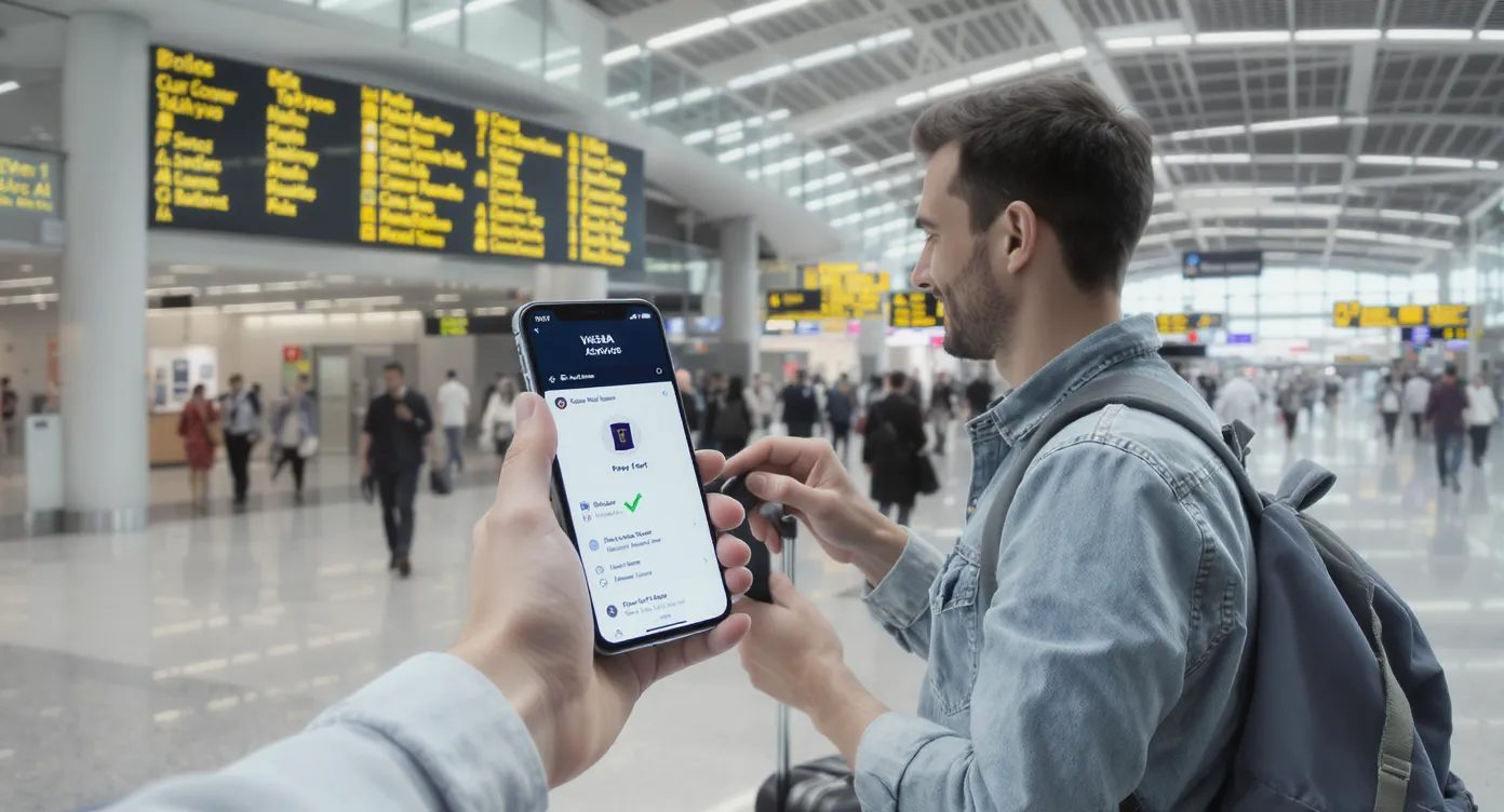 Illustration of a traveler holding a smartphone that displays a visa status dashboard while standing in an airport arrivals hall, signboards in the background show global destinations.