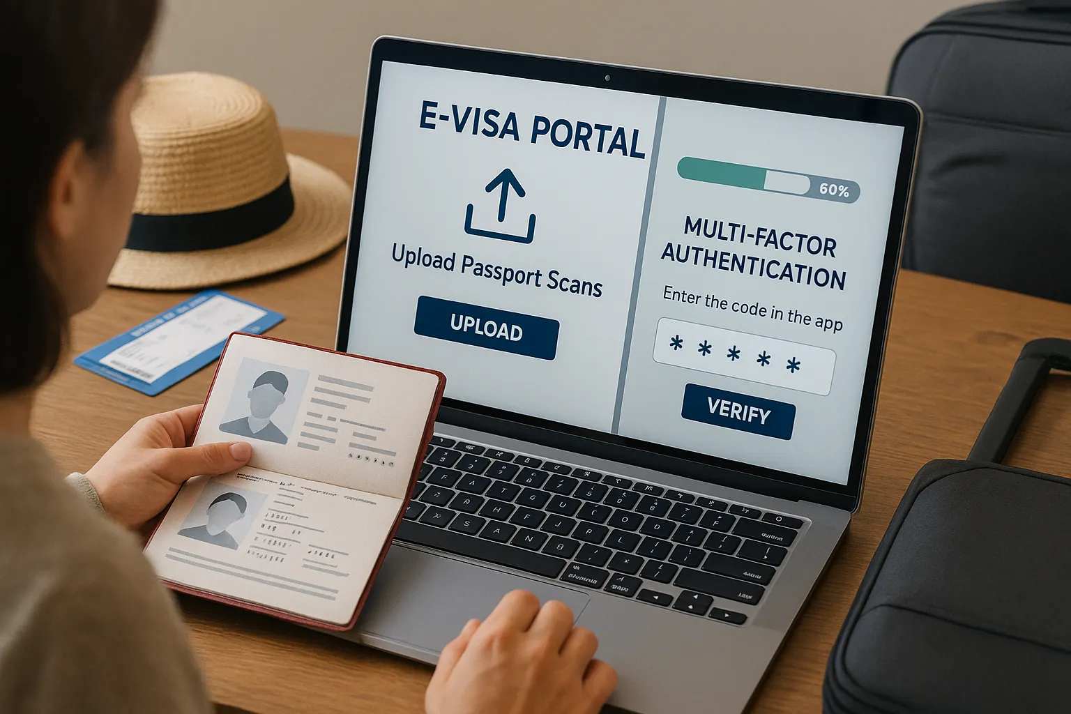 Illustration of a traveler securely uploading passport scans to a government e-visa portal on a laptop, while a second screen shows a progress bar and multi-factor authentication prompt.