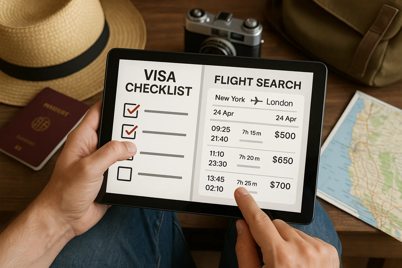 Illustration of a traveler using a tablet to tick off items on a digital visa checklist while flight search results are displayed beside them, emphasizing the integration of visa planning and booking.